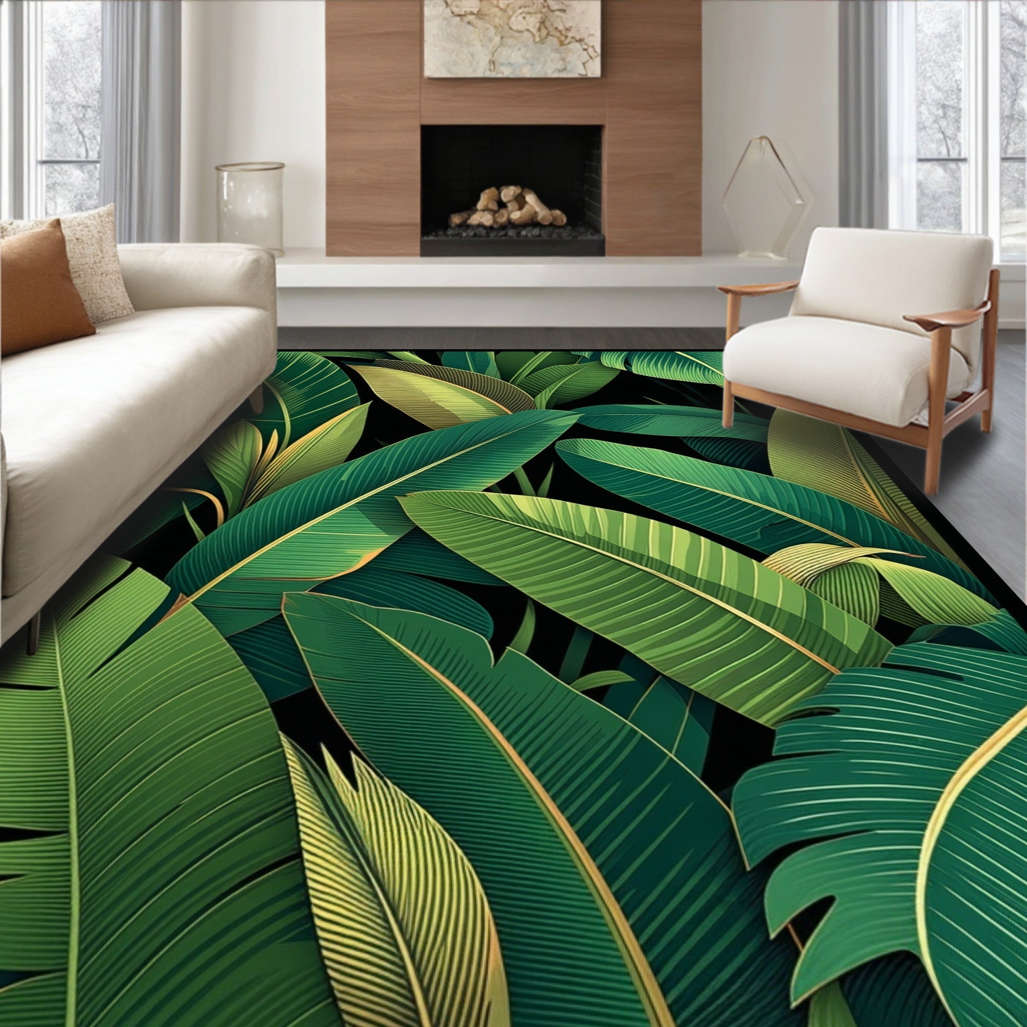 Lush Green Tropical Leaf Pattern Rug