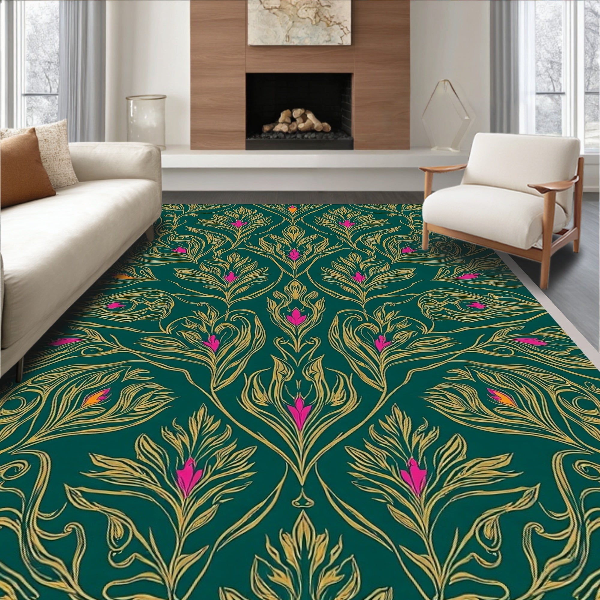 Emerald Green Floral Scroll Pattern Rug