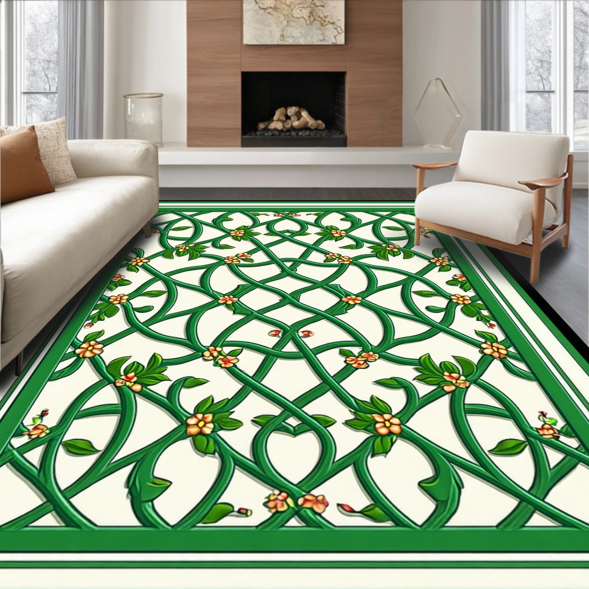 Green Intertwined Floral Vine Design Rug