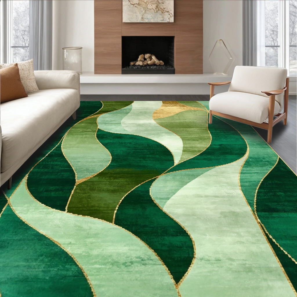 Emerald Green Gold Swirl Abstract Rug