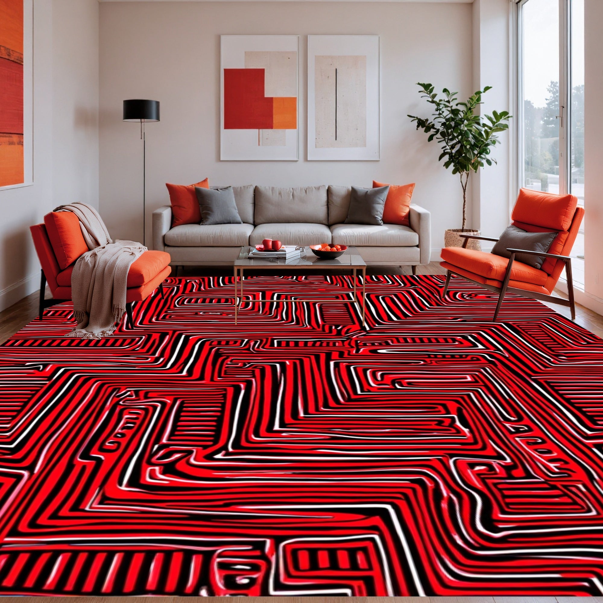 Bold Red Labyrinth Pattern Rug