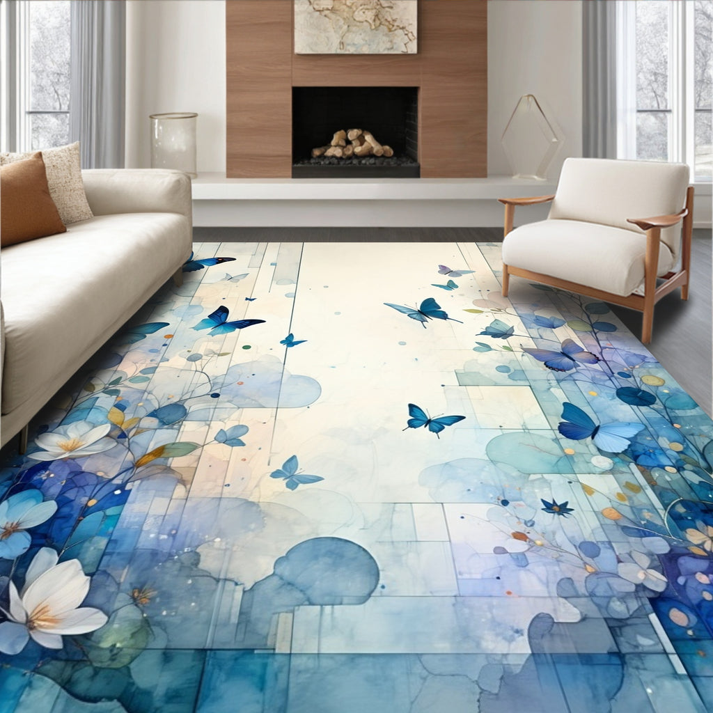 Whimsical Blue Butterfly Garden Art Rug