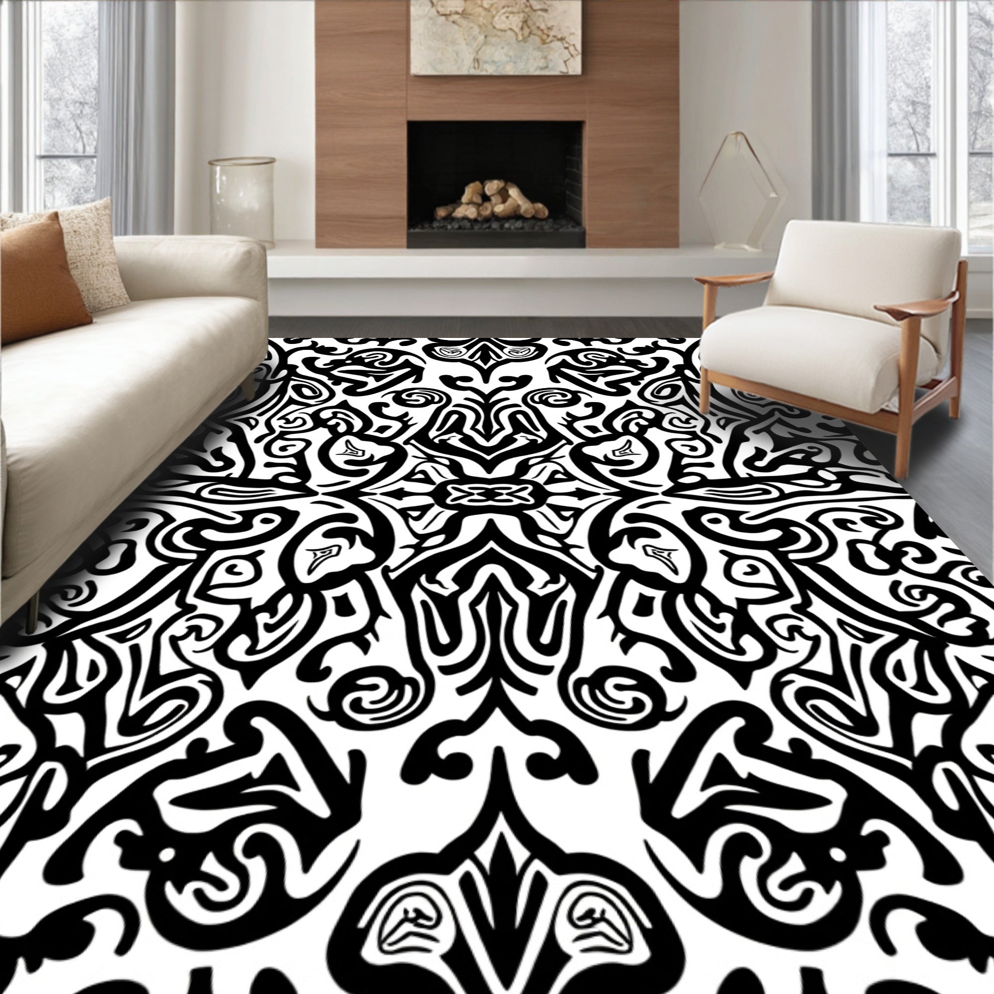 Bold Black Abstract Swirls Rug