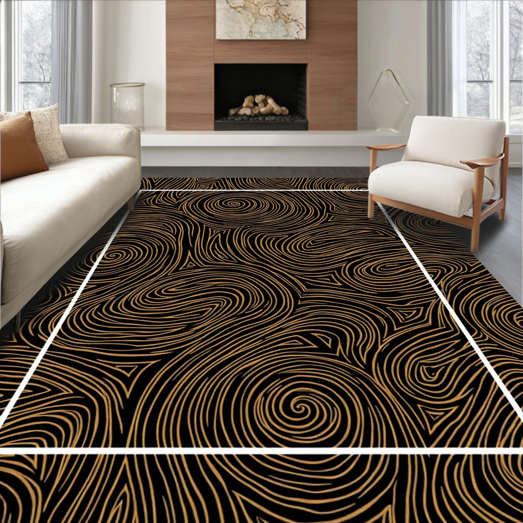 Abstract Swirls Black Gold Pattern Rug