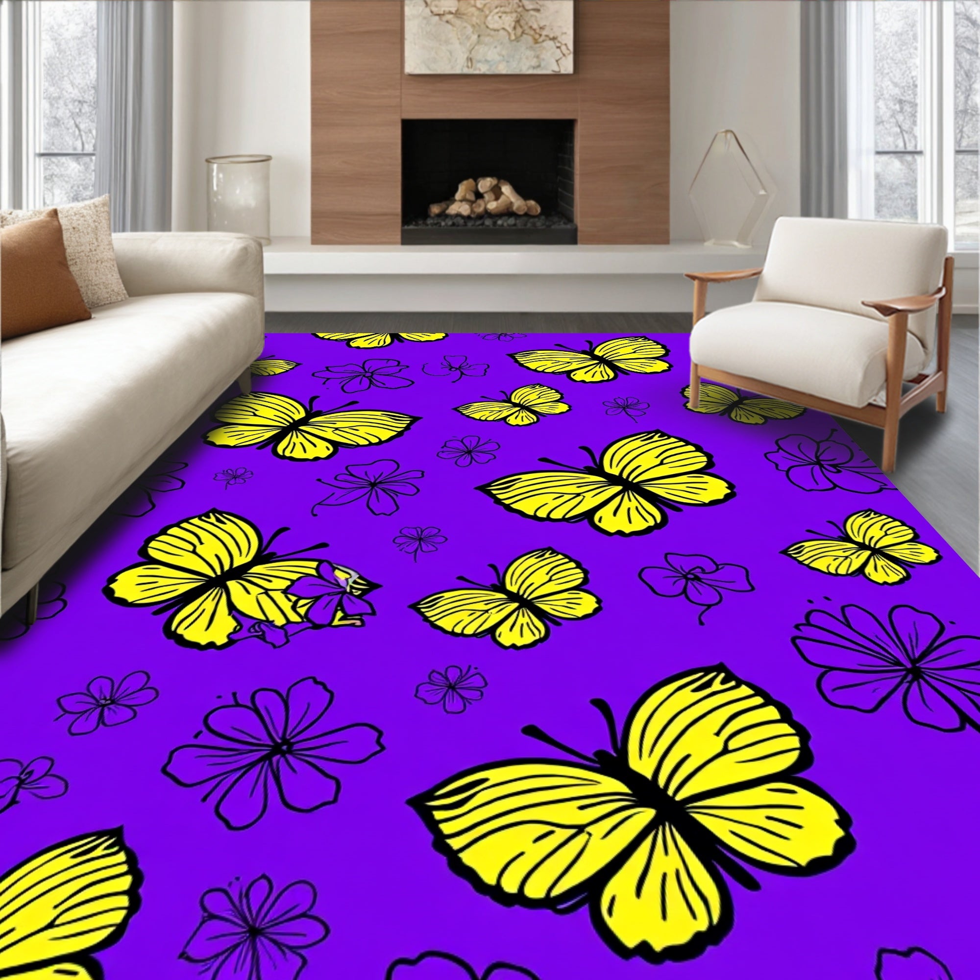 Yellow Butterfly Flower Pattern Art Rug