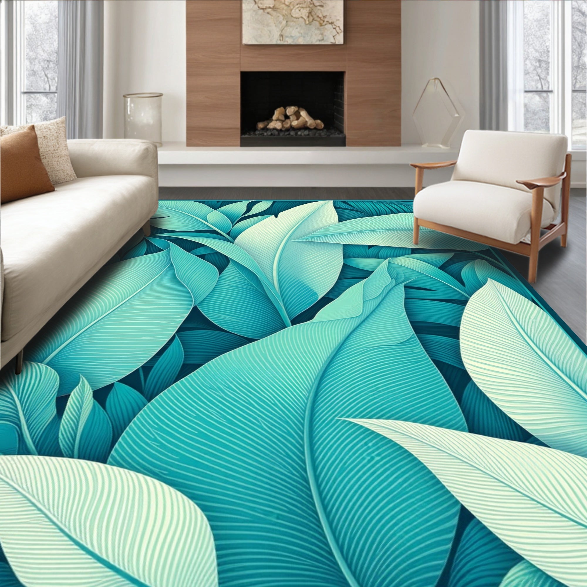 Tropical Leaf Patterned Teal Rug