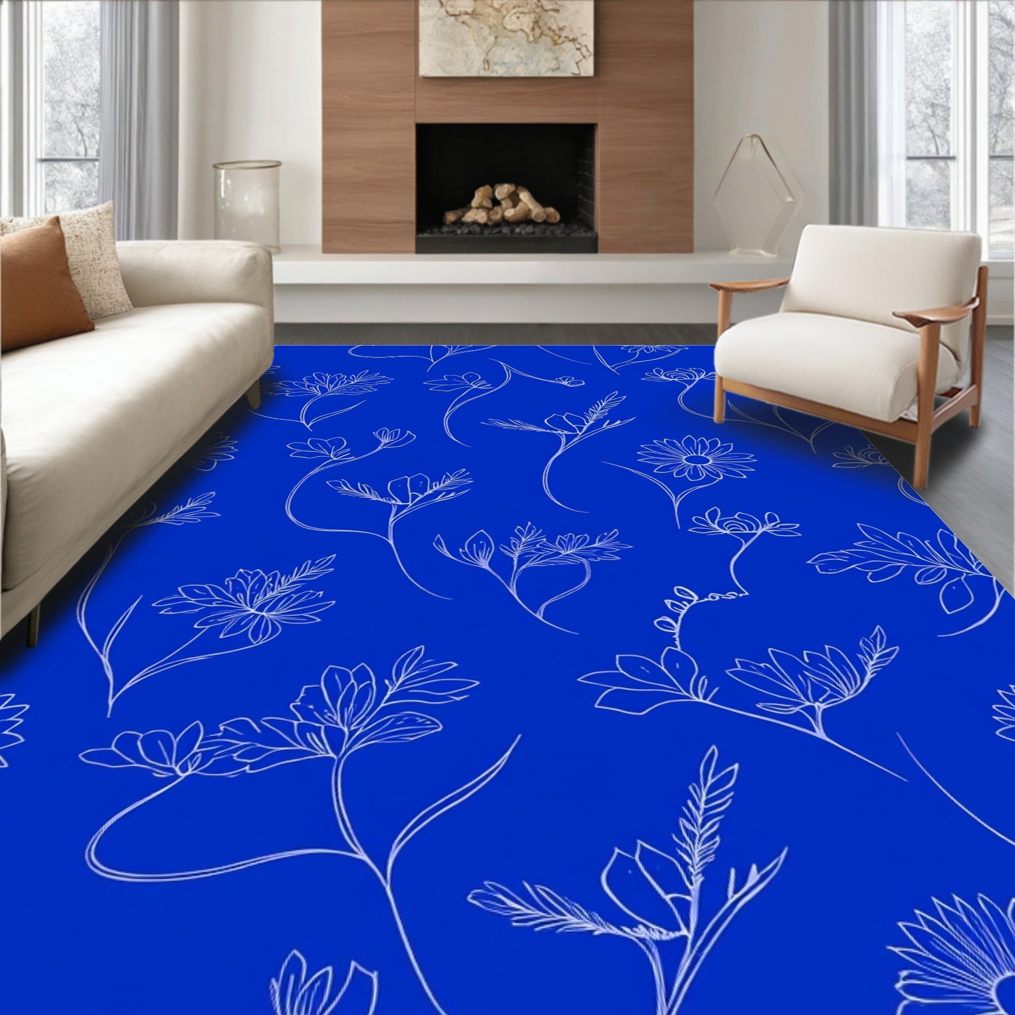 White Line Art Floral Pattern Rug