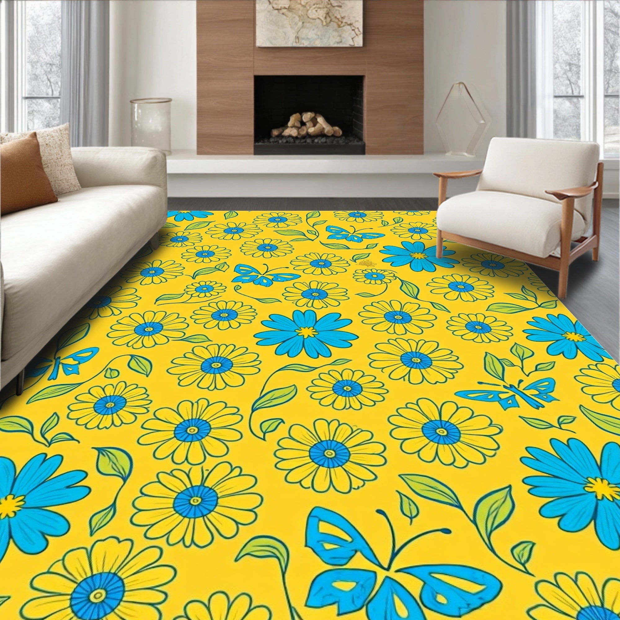 Yellow Blue Flower Butterfly Pattern Rug