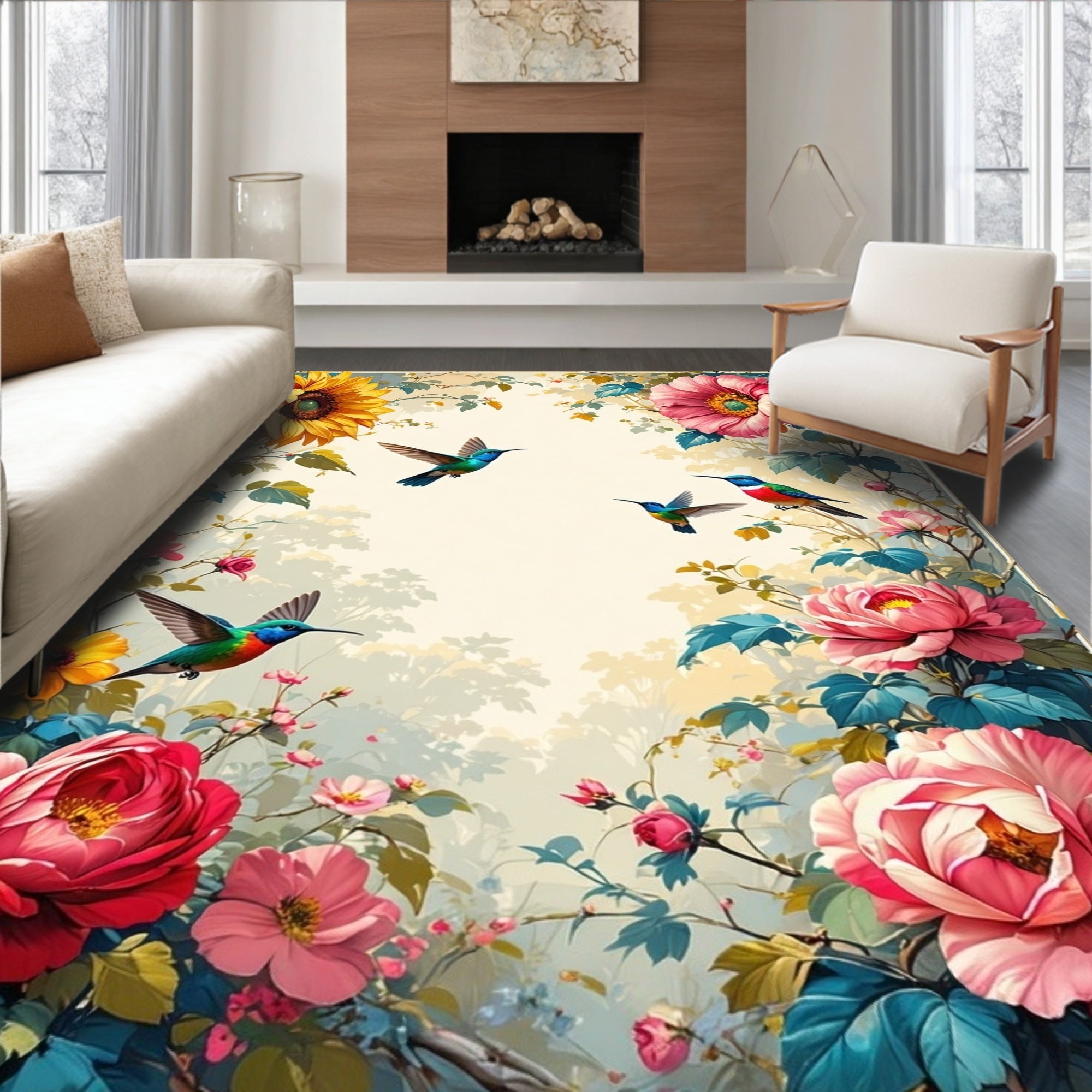 Vibrant Floral Hummingbird Garden Delight Rug