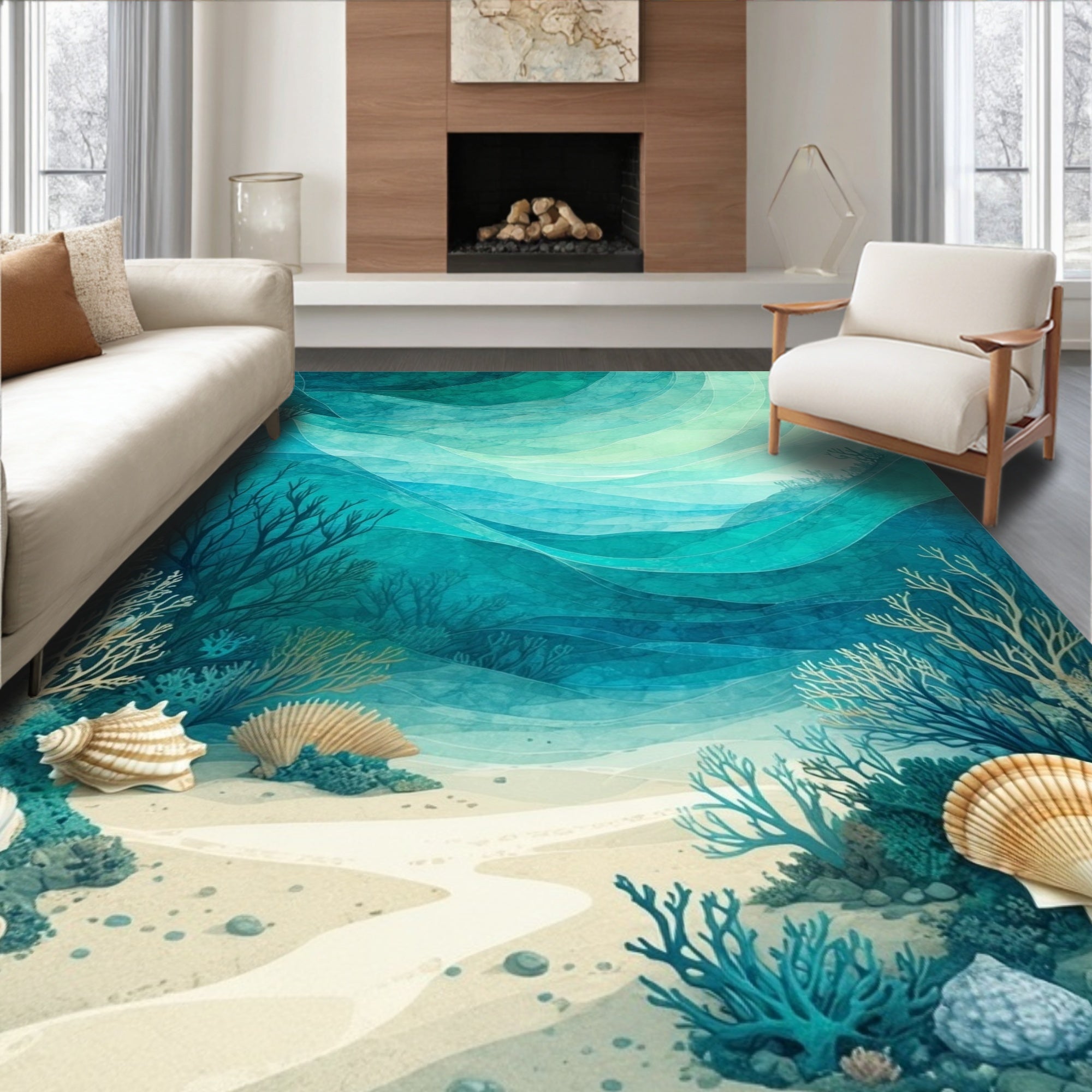 Oceanic Waves With Seashells Pattern Rug