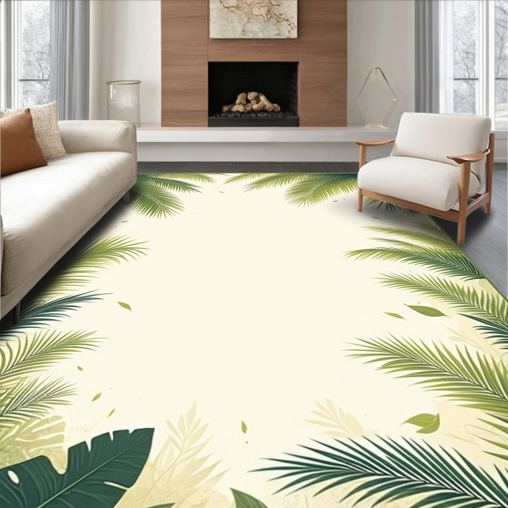Green Tropical Palm Leaves Pattern Rug
