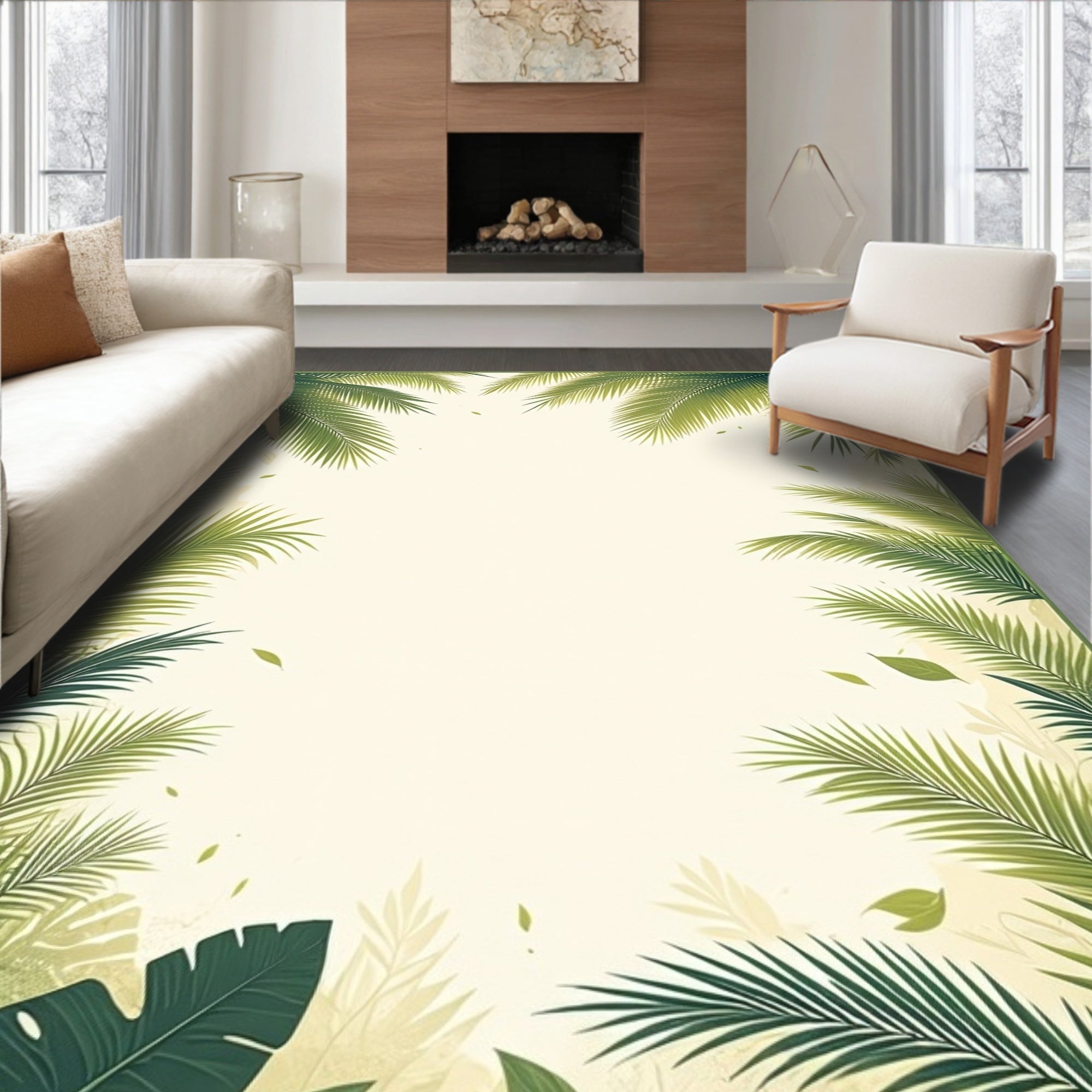 Green Tropical Palm Leaves Pattern Rug