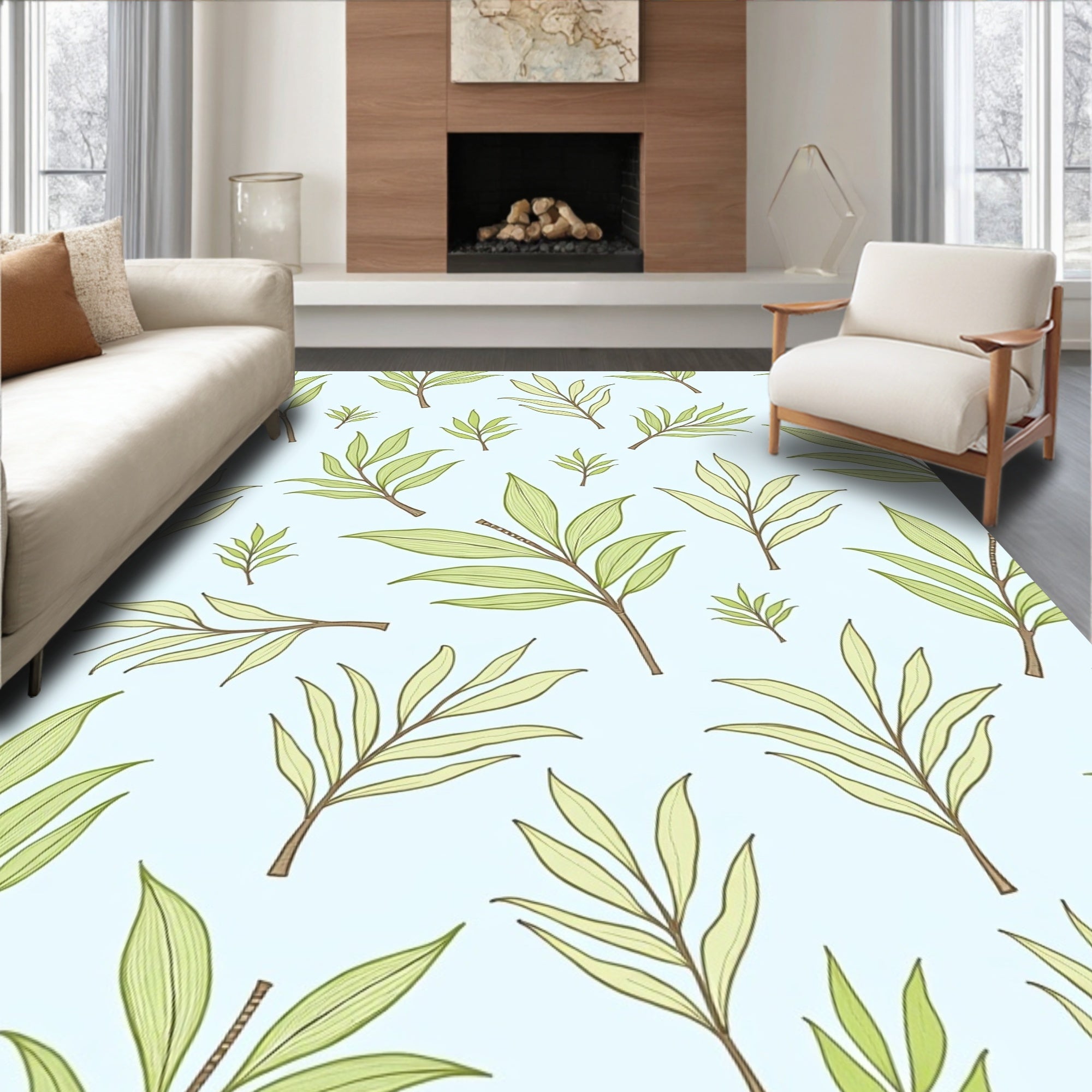 Light Green Leafy Branch Pattern Rug