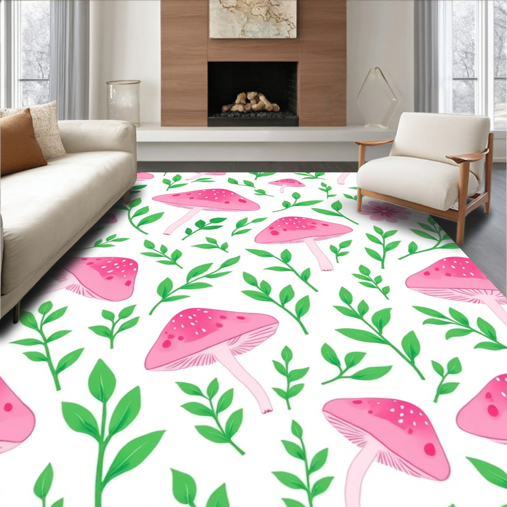 Pink Mushroom Woodland Botanical Design Rug