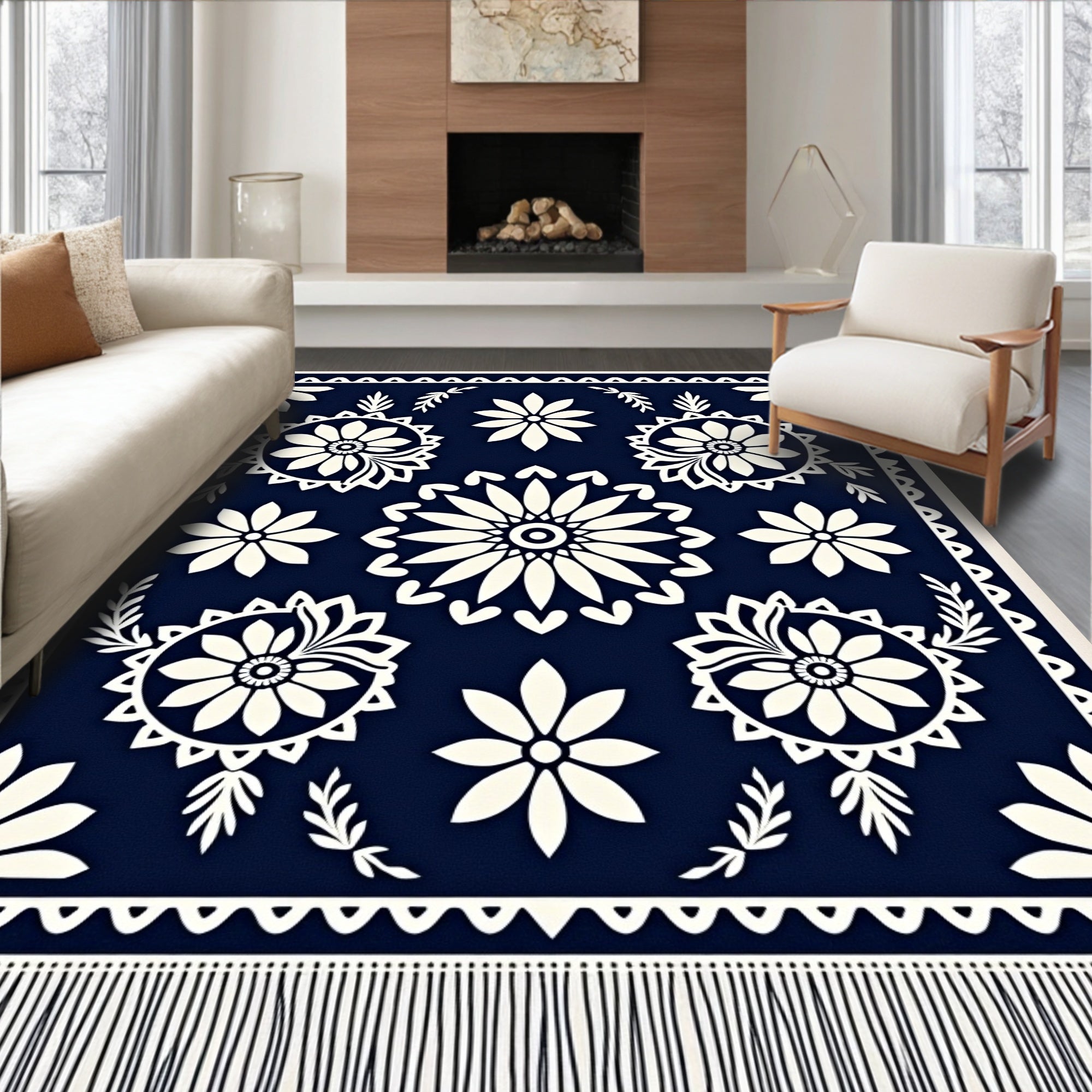 Navy Cream Floral Medallion Scatter Rug