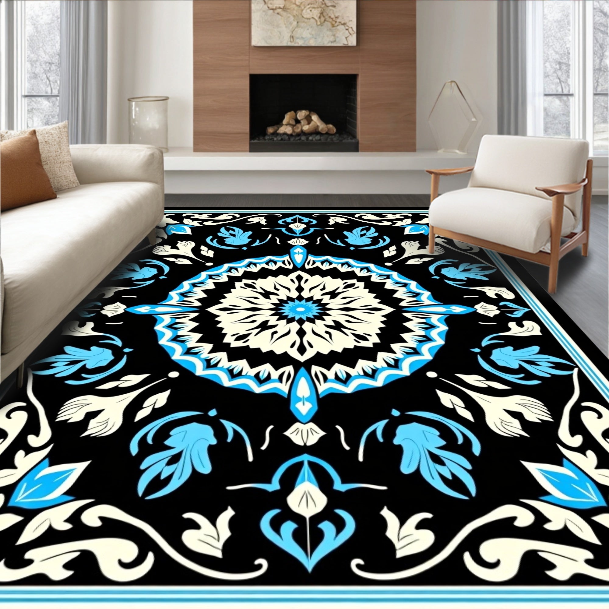Black Cream Aqua Floral Mandala Pattern Rug