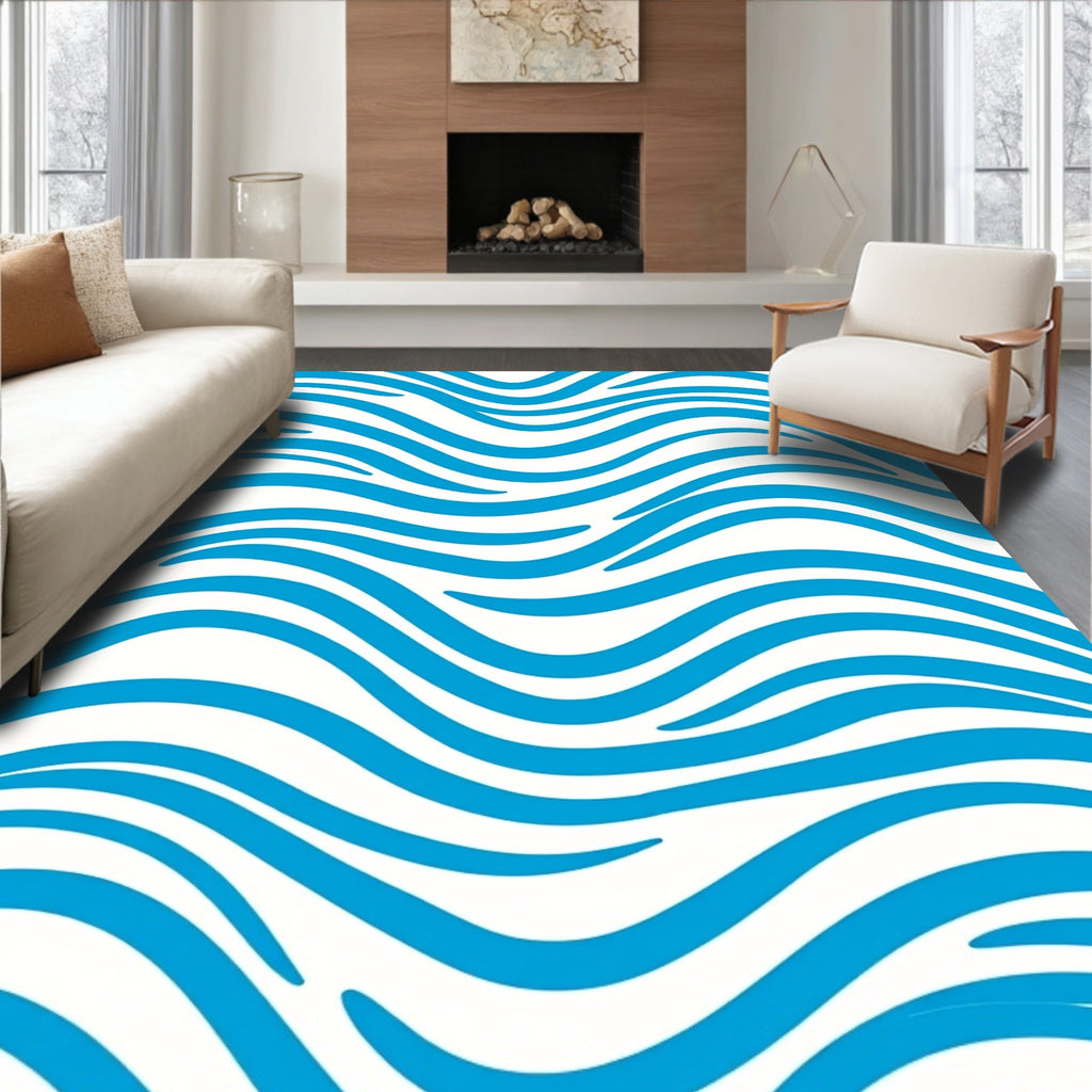 Vibrant Blue And White Wavy Lines Rug