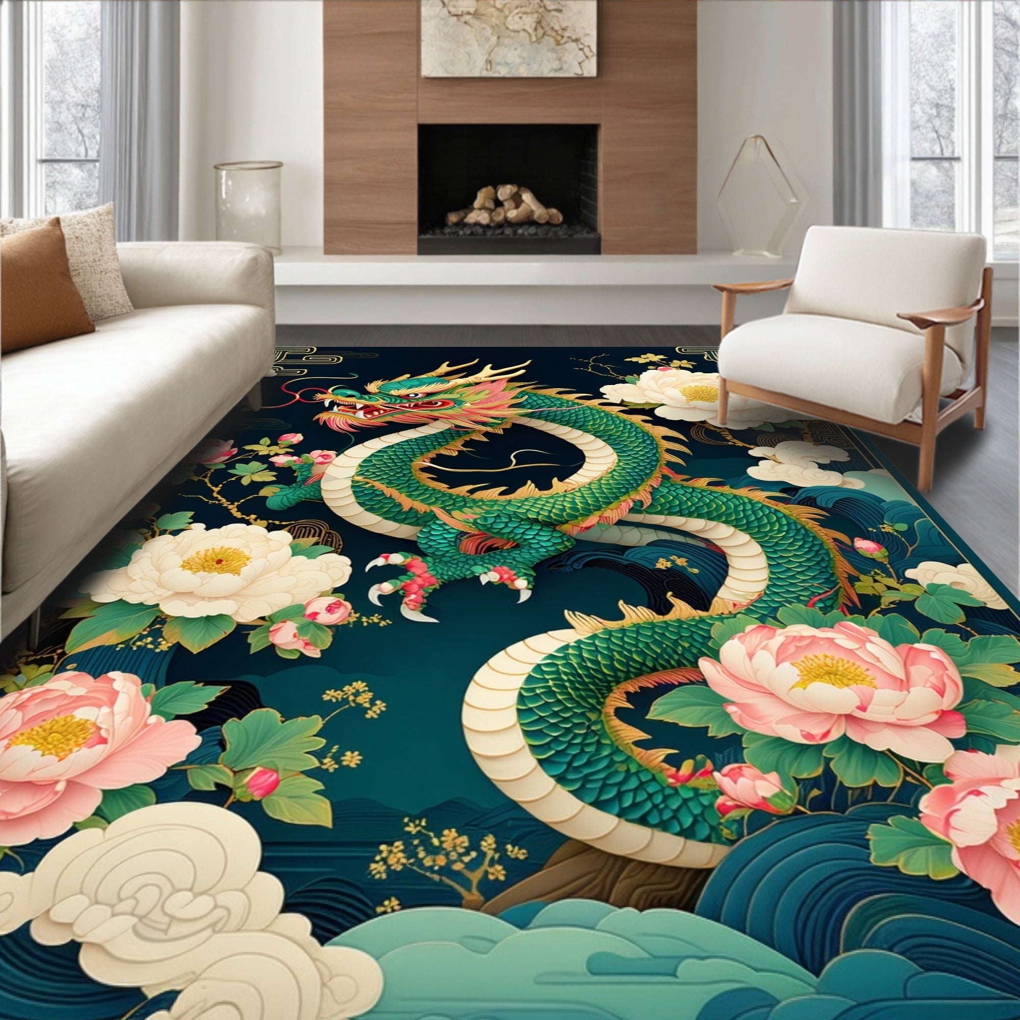 Majestic Green Dragon Peony Flowers Rug