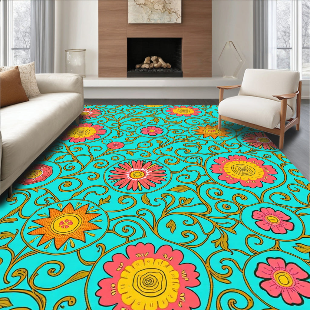 Retro Floral Medallion Teal Design Rug