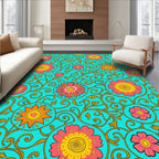 Retro Floral Medallion Teal Design Rug
