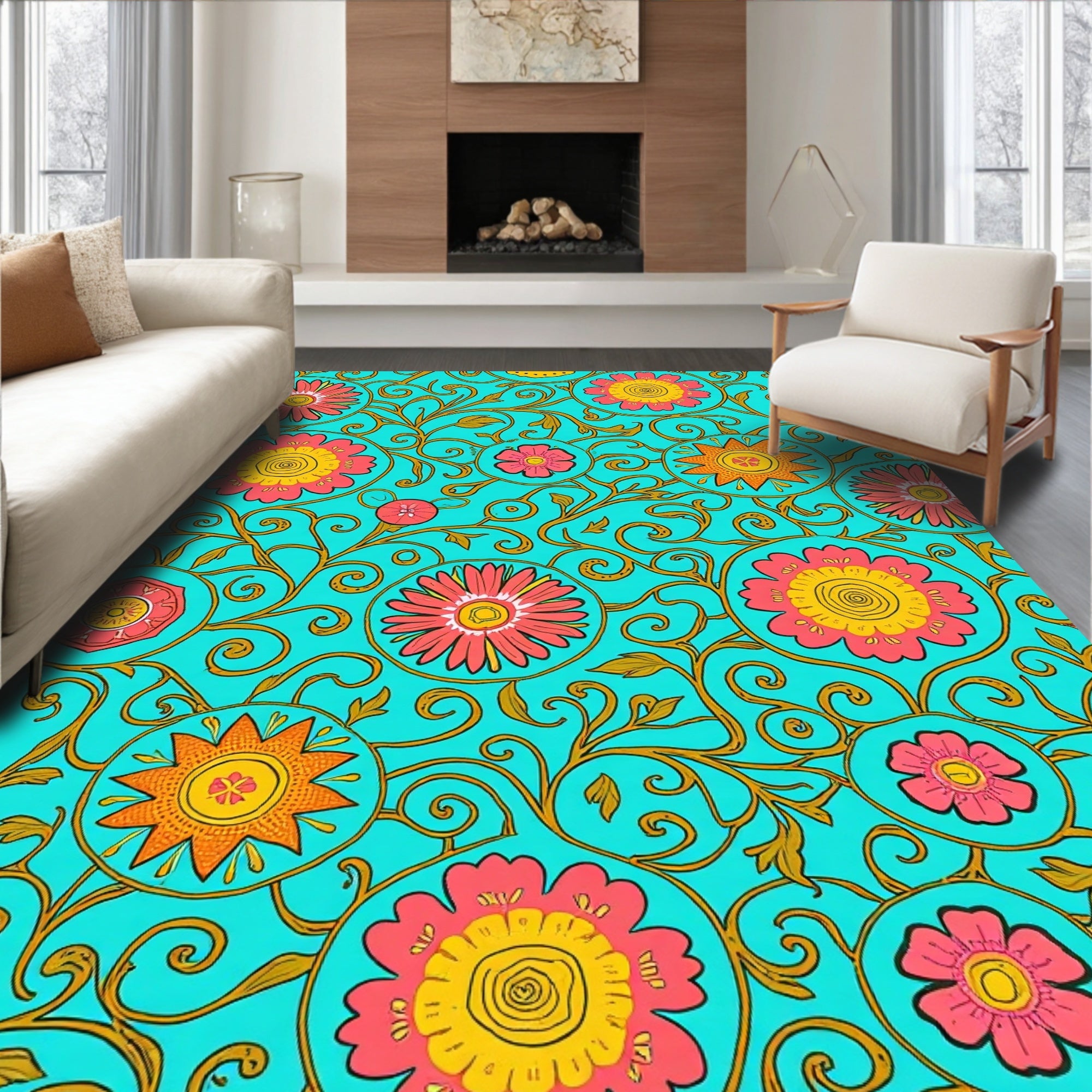 Retro Floral Medallion Teal Design Rug