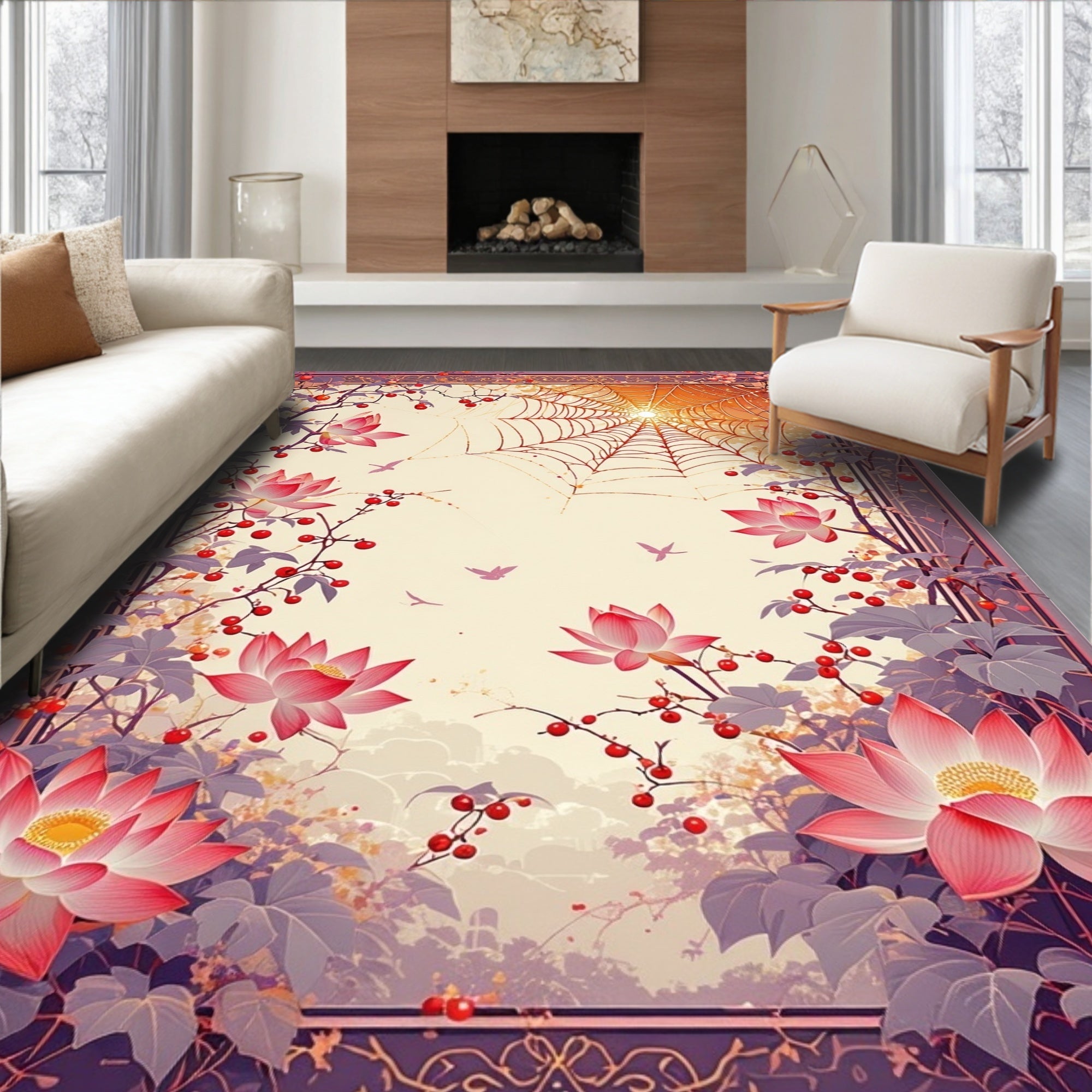 Nature Inspired Lotus Spiderweb Art Rug