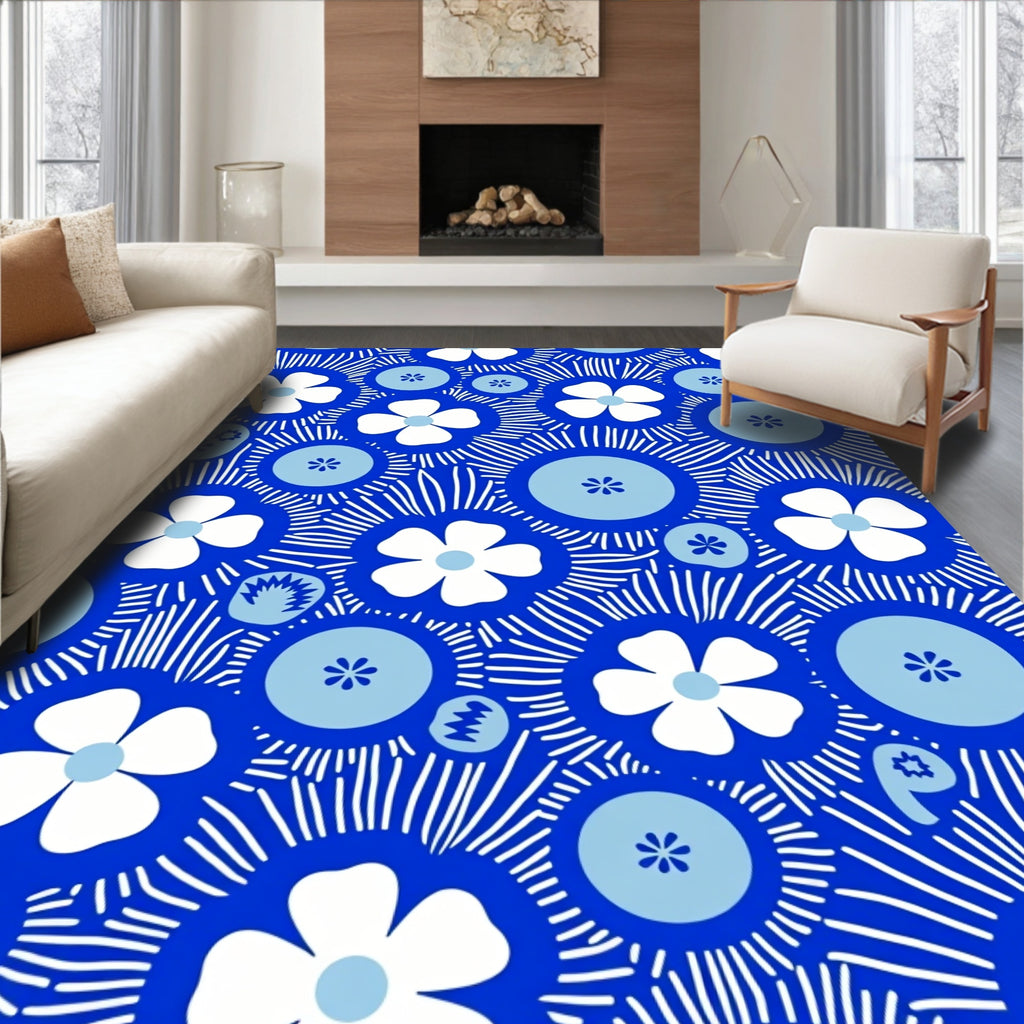 Vintage Blue White Floral Sunburst Rug
