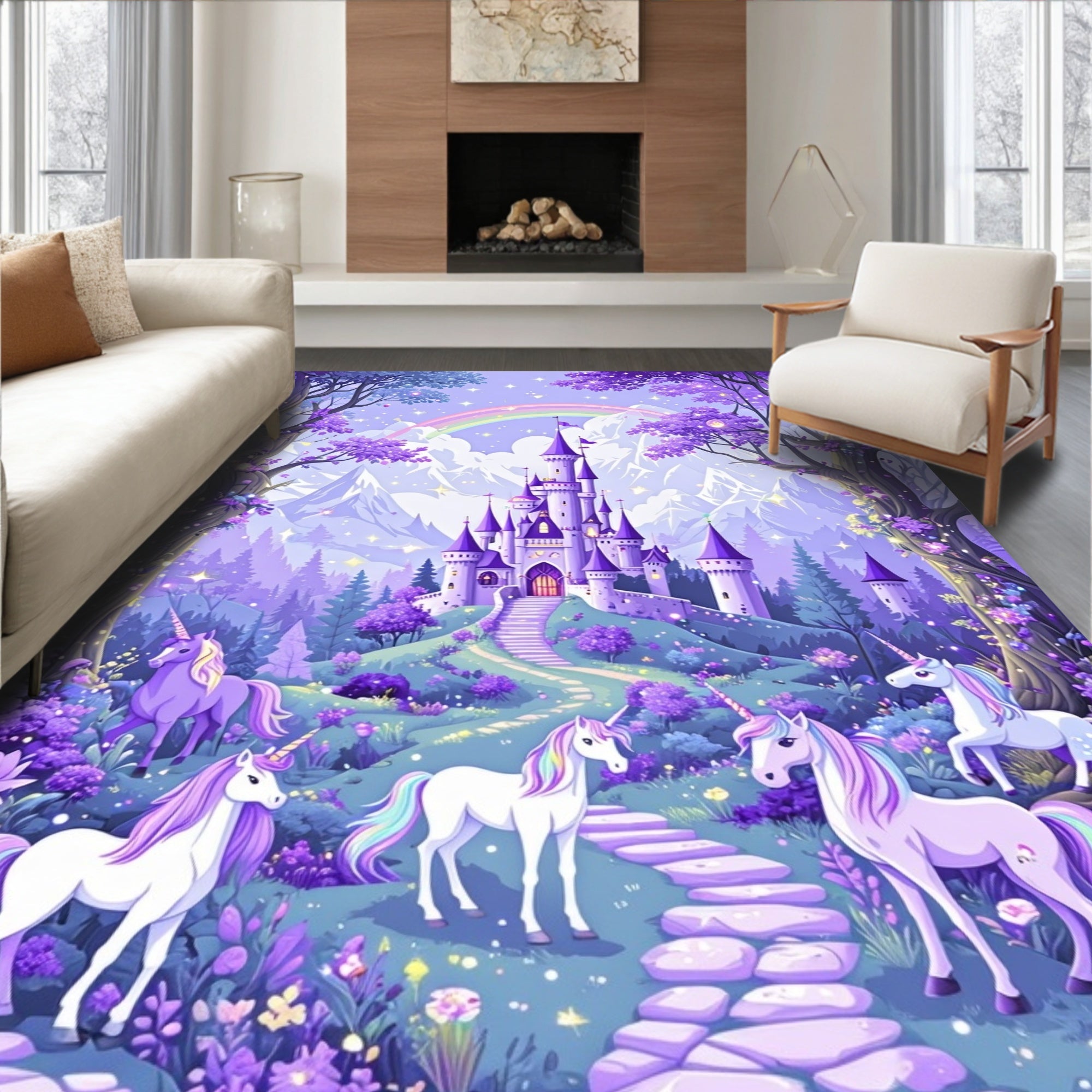Enchanted Unicorn Castle Magical Scene Rug