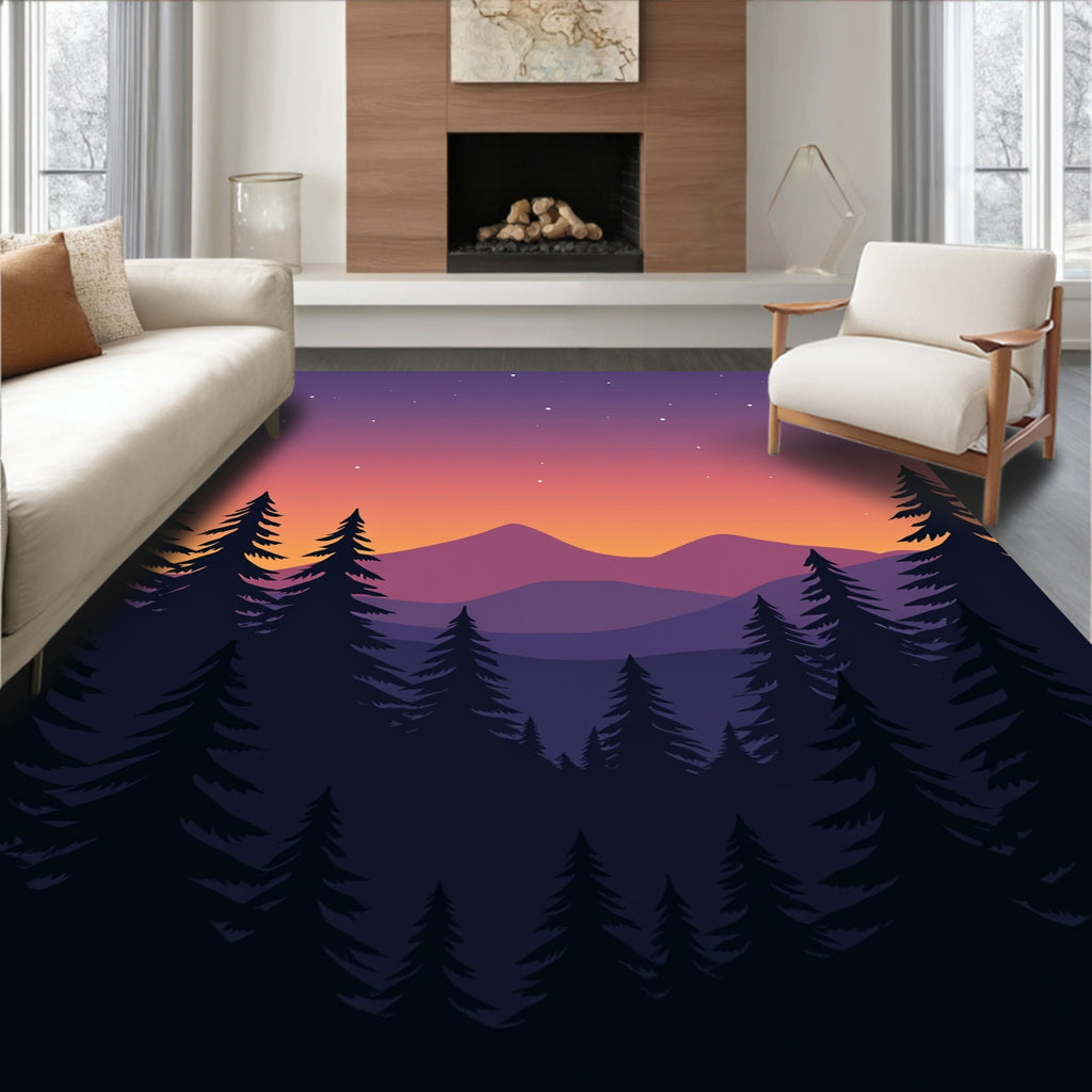 Mountain Forest Sunset Stars Rug
