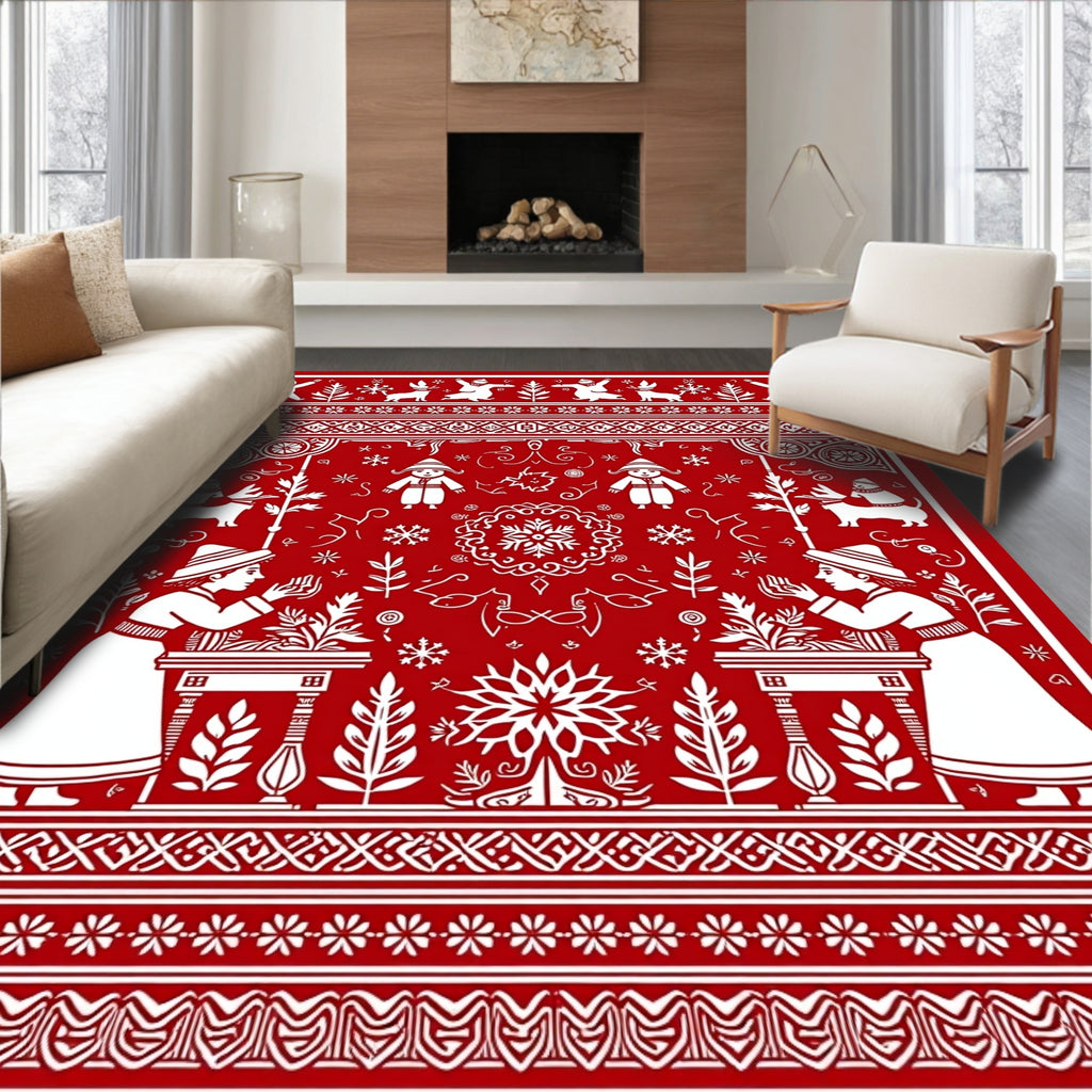 Red White Folk Art Village Scene Rug