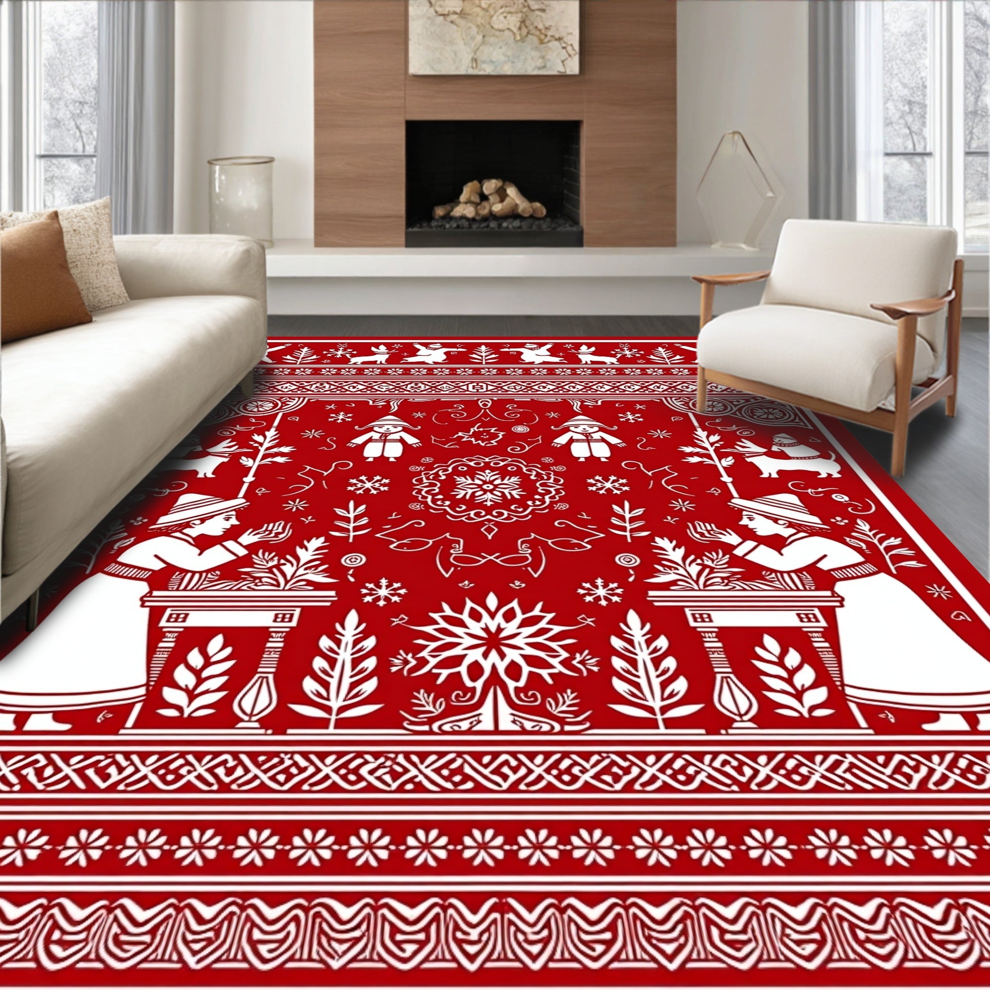 Red White Folk Art Village Scene Rug