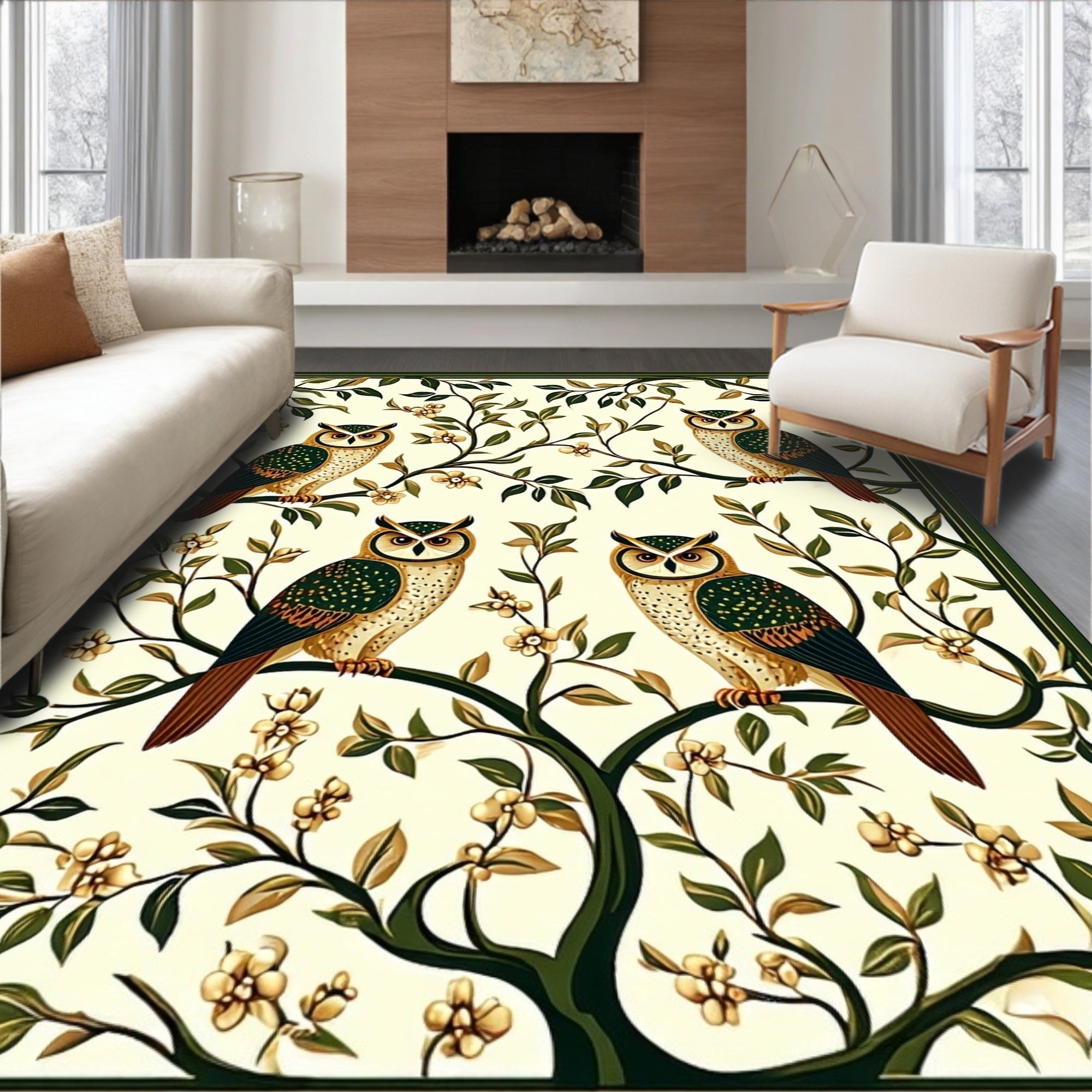 Vintage Owl Floral Tree Design Rug