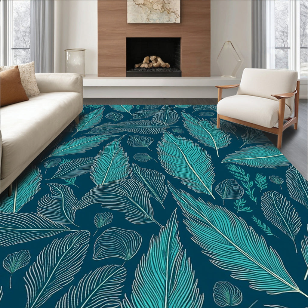 Elegant Teal Feathers Pattern Design Rug