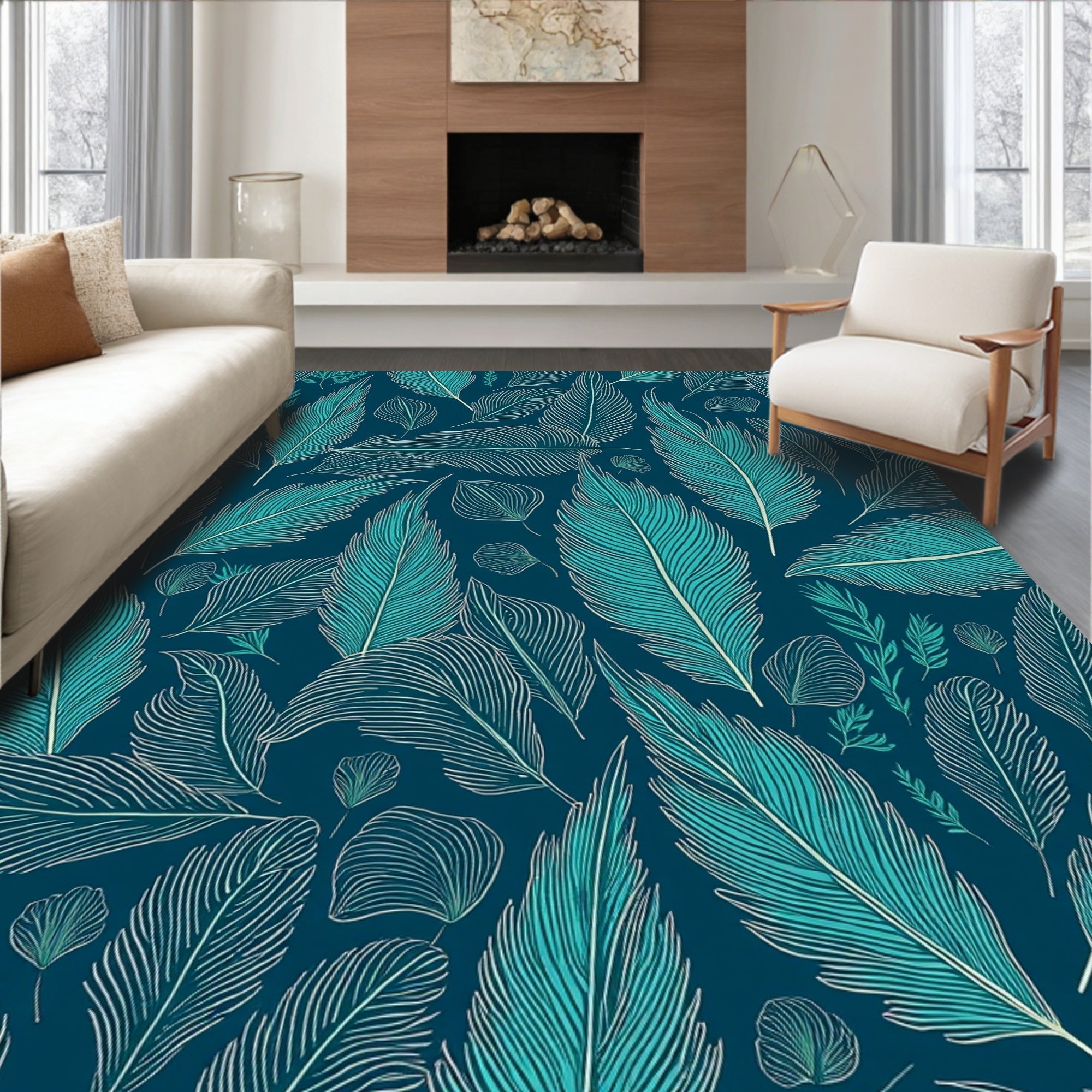 Elegant Teal Feathers Pattern Design Rug