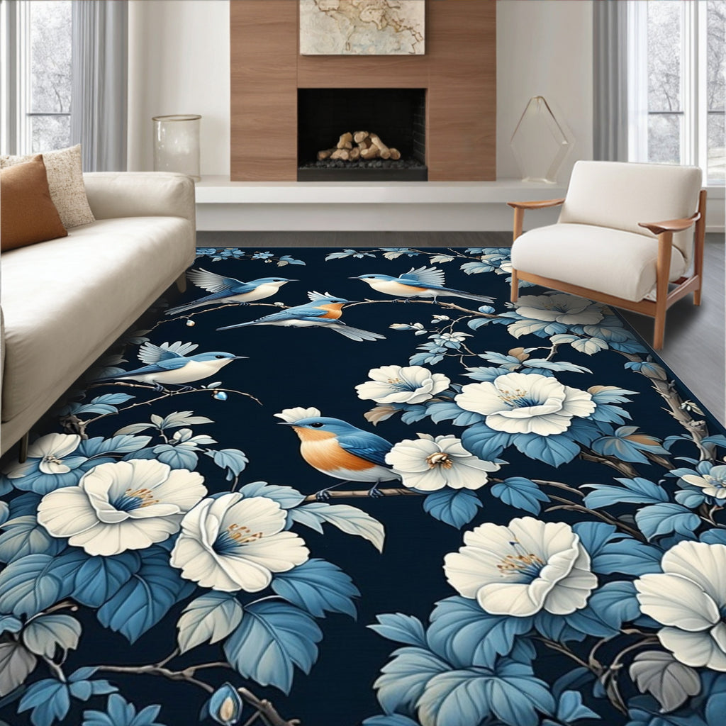 Elegant Bluebirds With White Flowers Rug