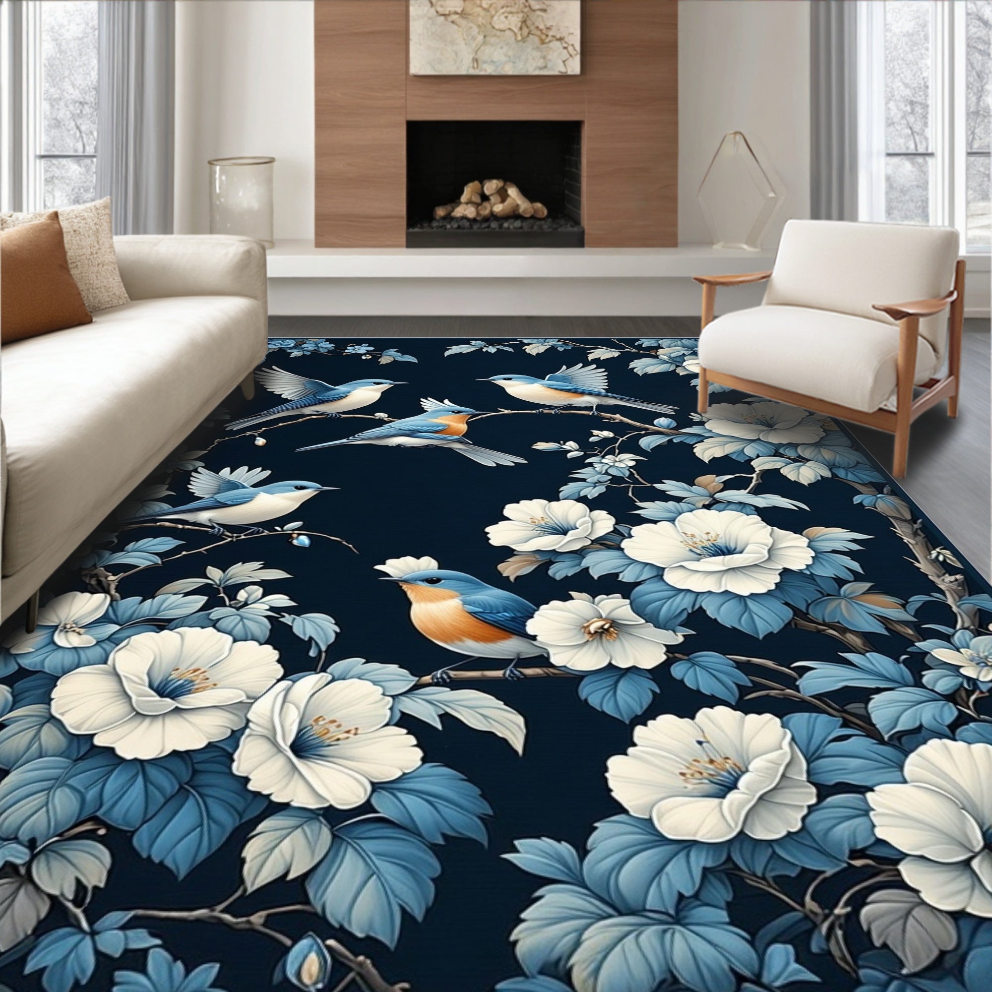 Elegant Bluebirds With White Flowers Rug