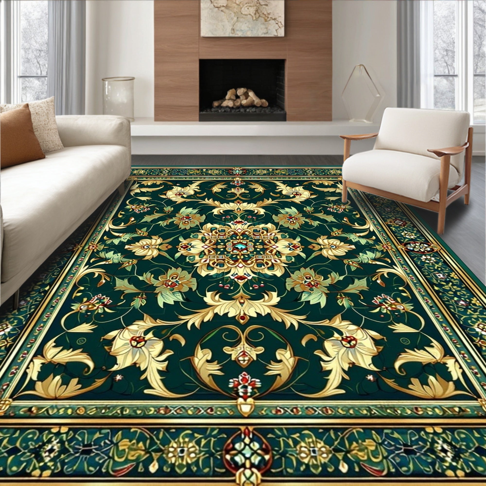 Intricate Floral Patterned Emerald Rug