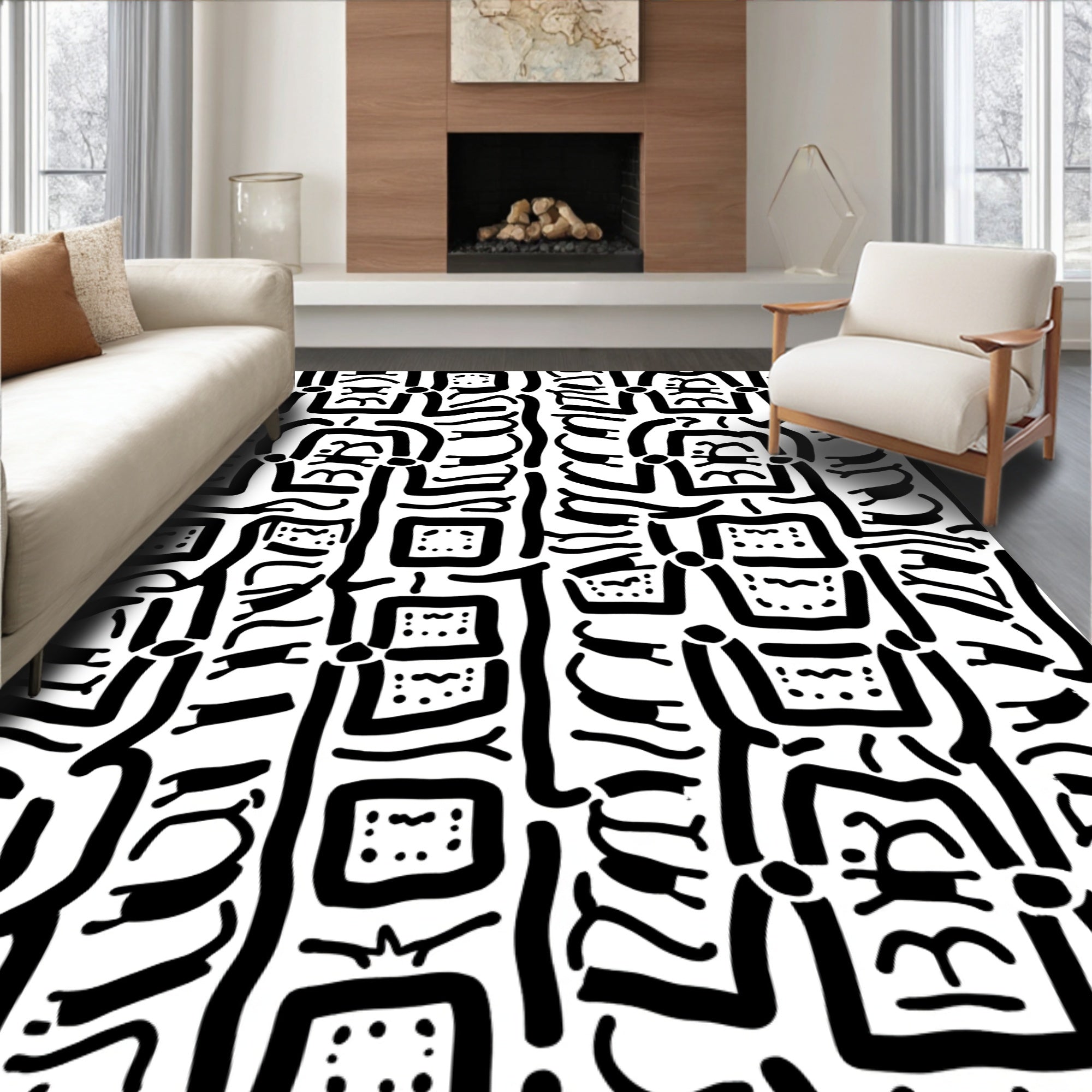 Tribal Abstract Black White Rug