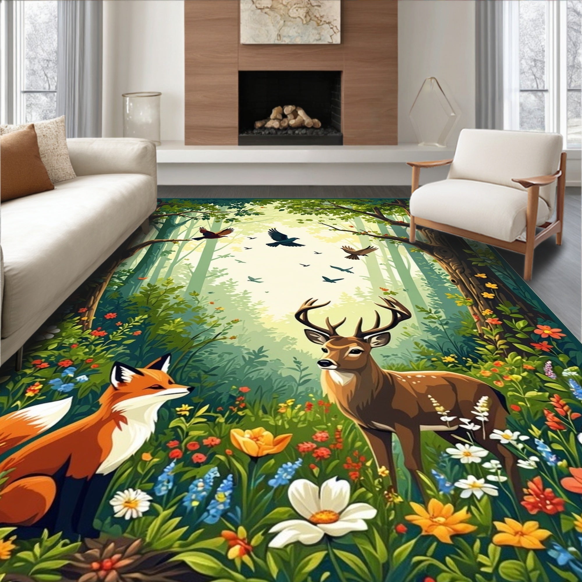 Whimsical Forest Animals Floral Woodland Scene Rug
