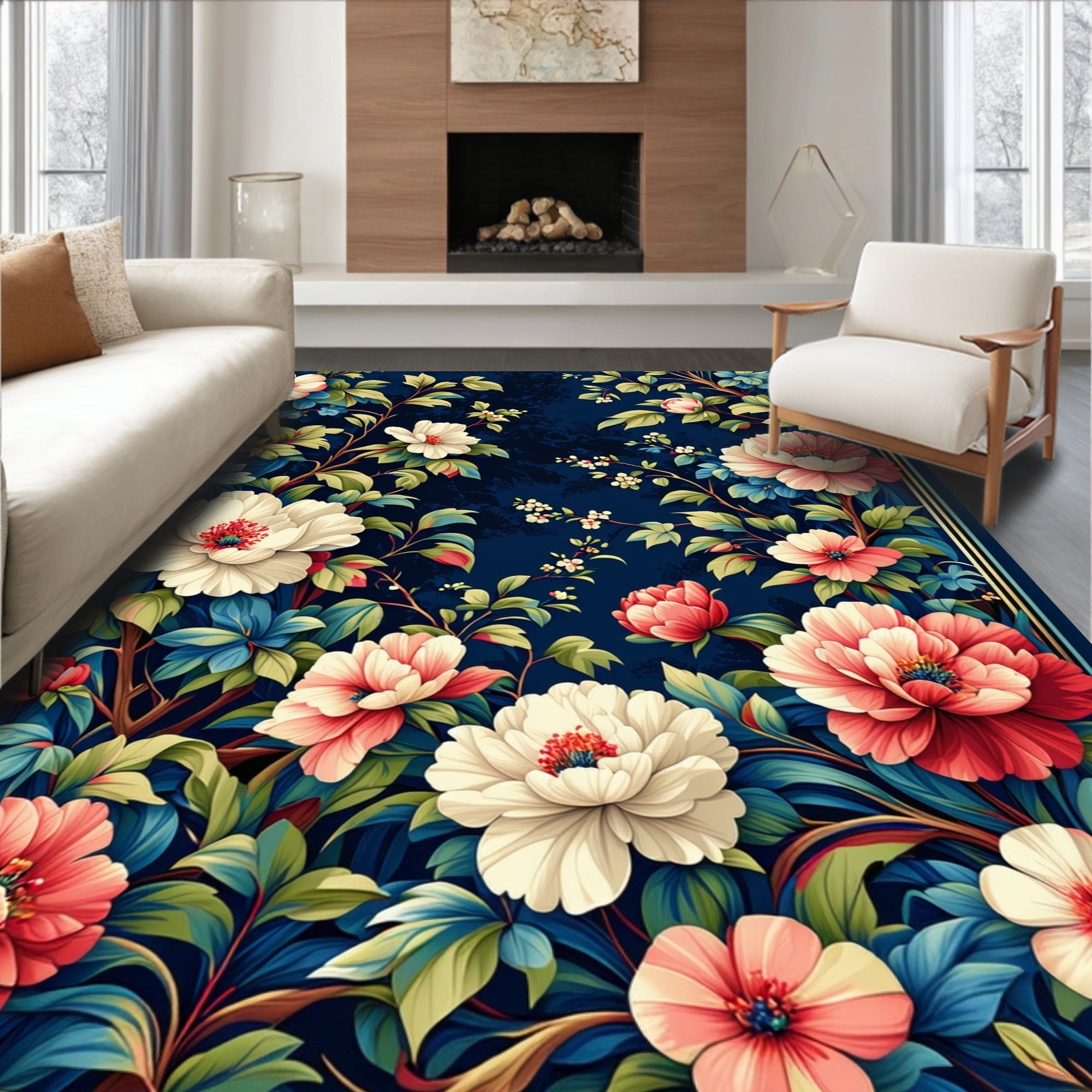 Rich Floral Pattern Blue Background Rug