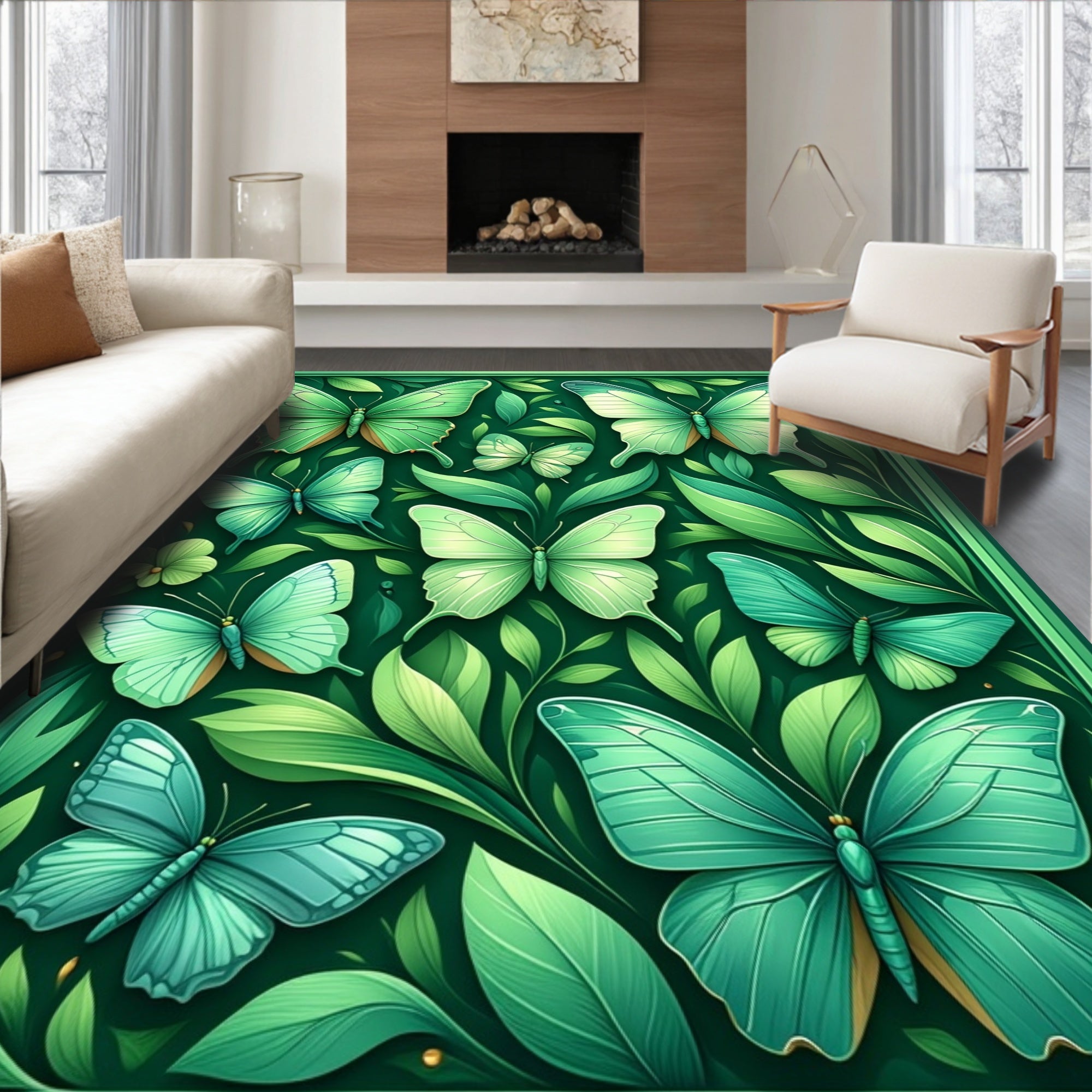Green Enchanted Butterfly Garden Design Rug