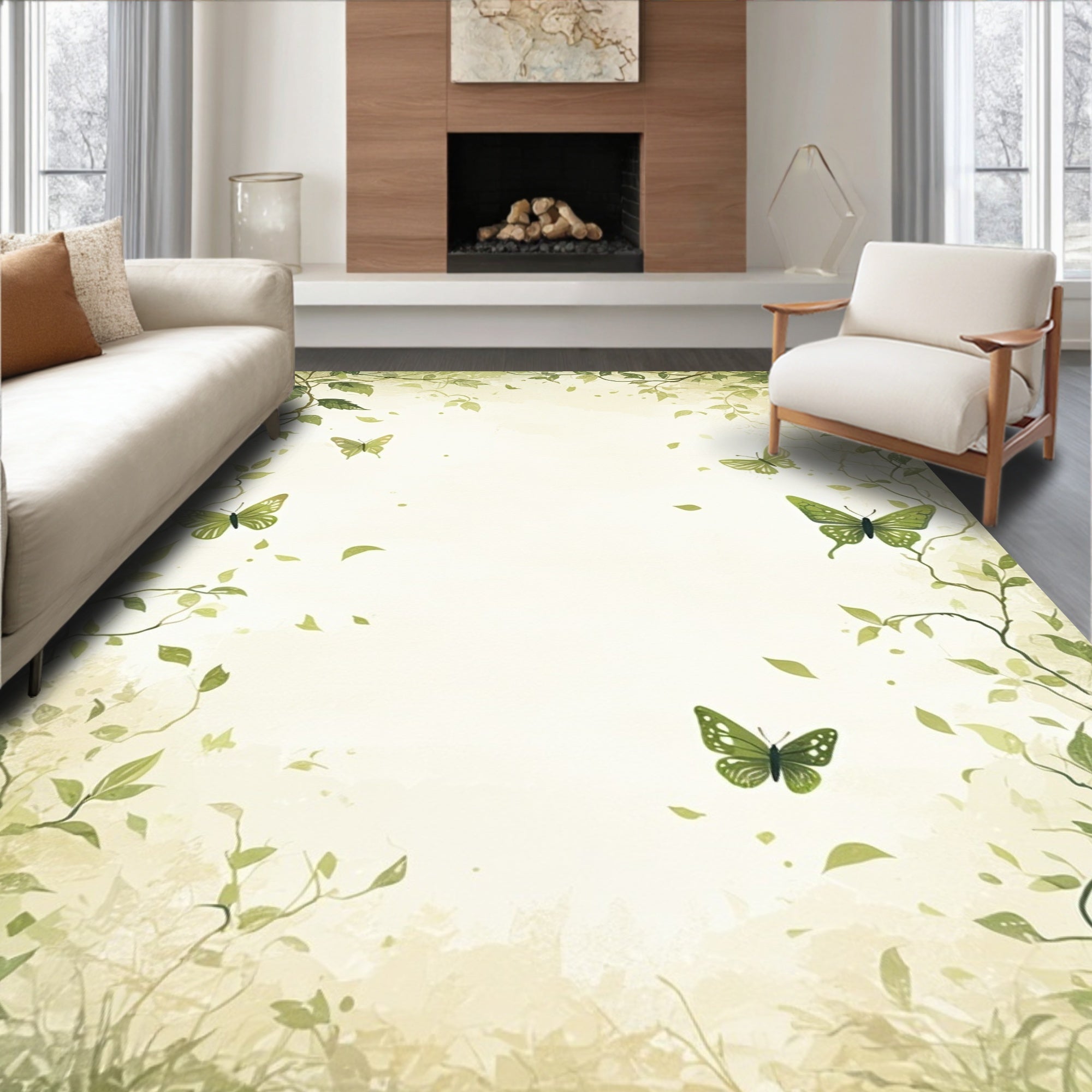 Whimsical Green Butterfly Vine Pattern Rug