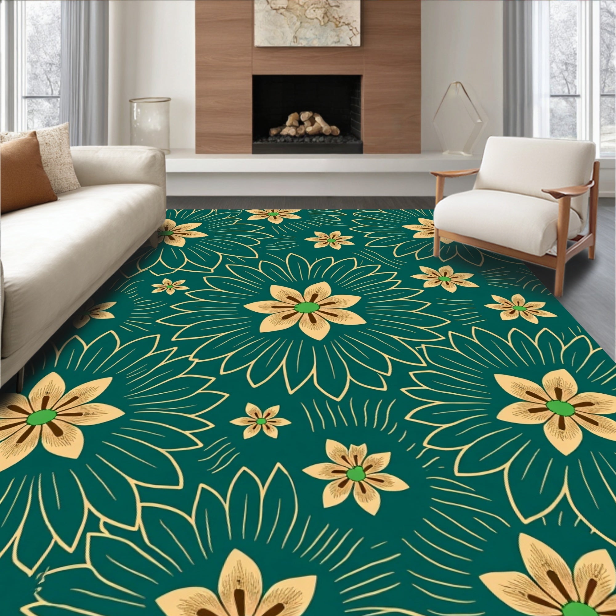Floral Sunburst Teal Gold Rug