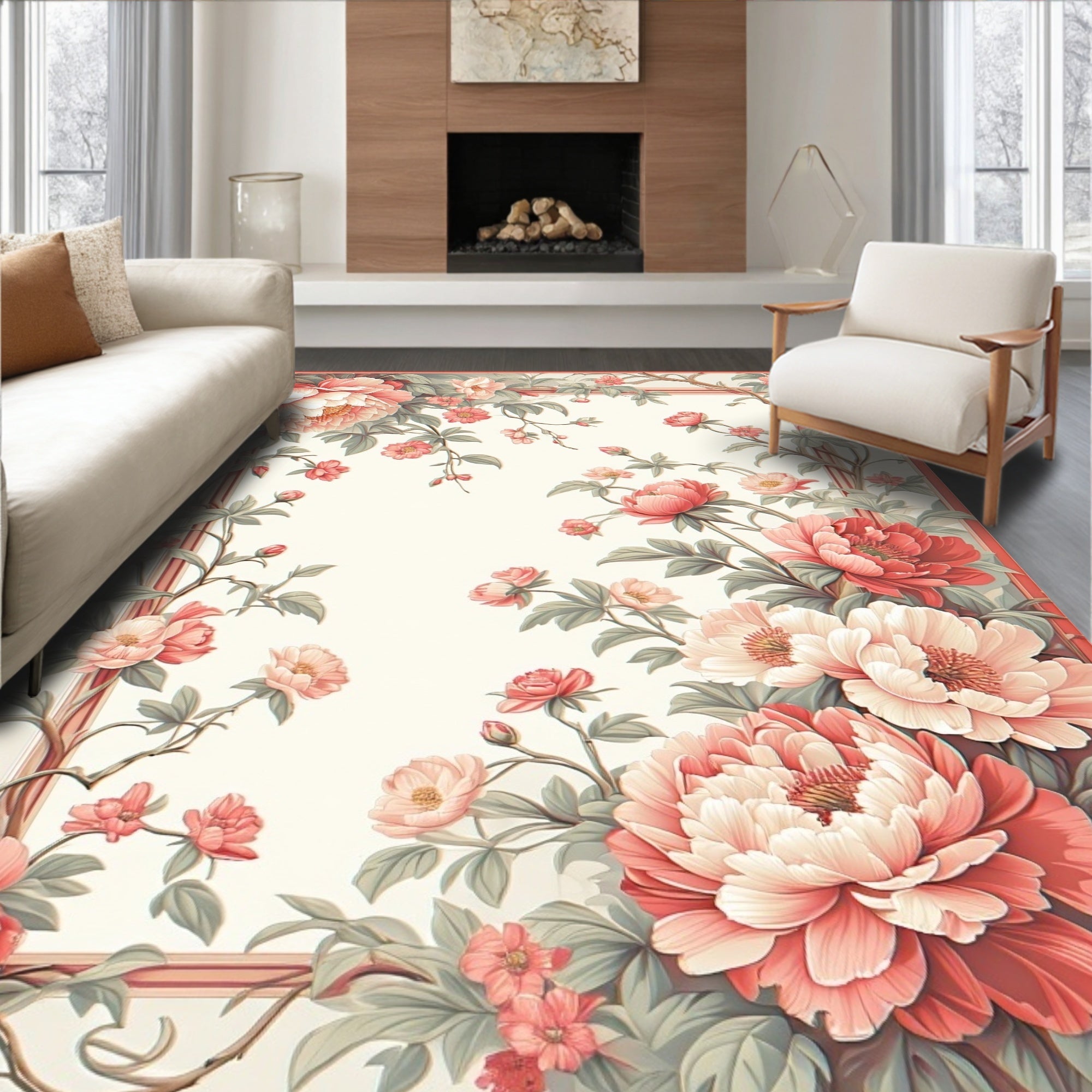 Coral Pink Peony Floral Vine Rug