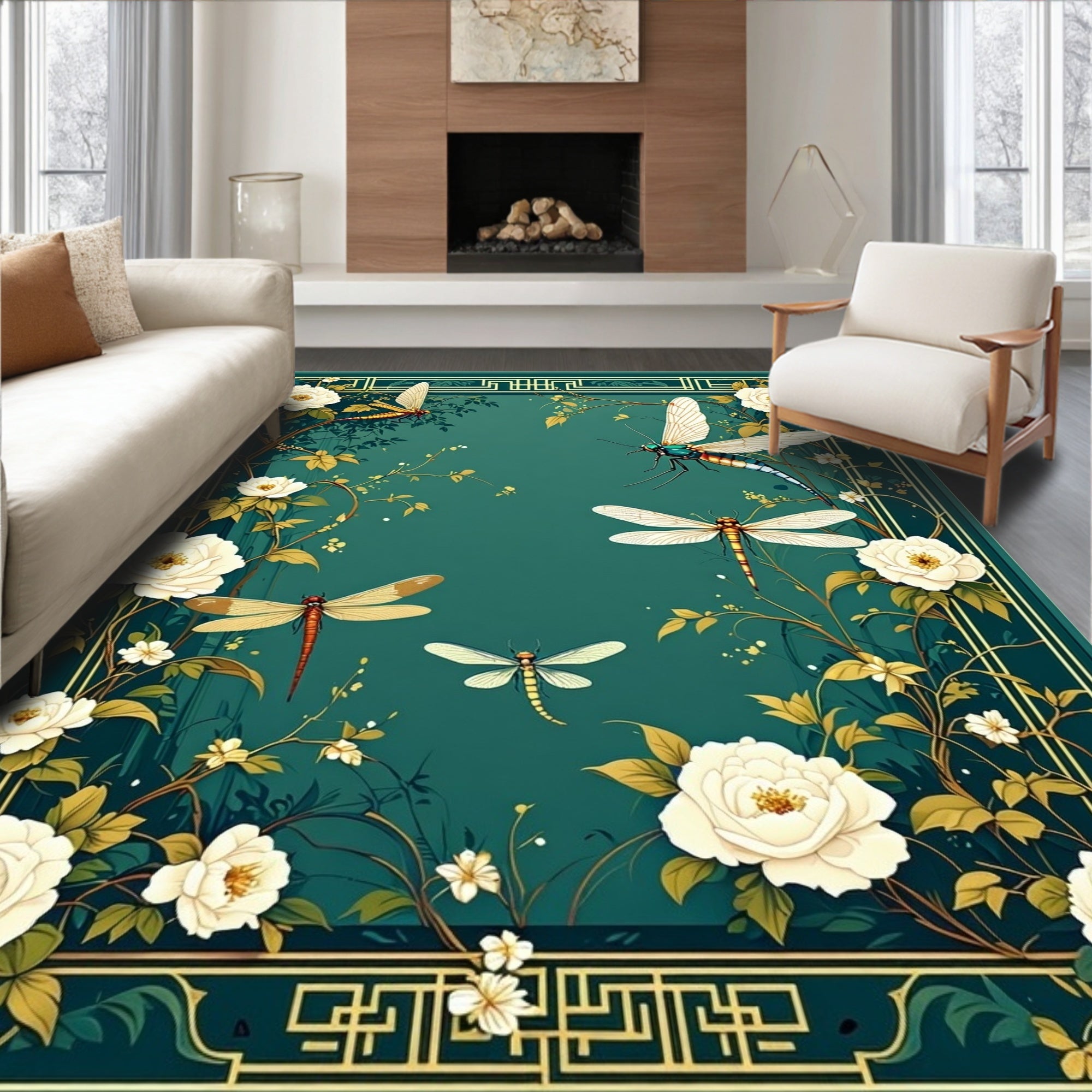 Elegant Dragonfly Floral Art Nouveau Rug