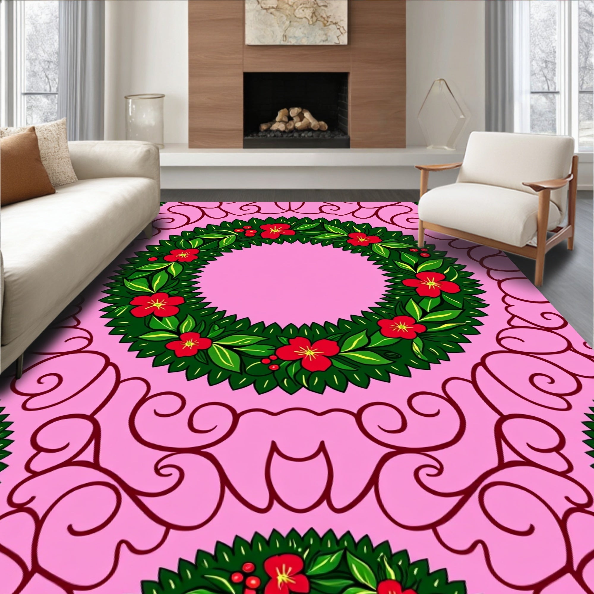 Pink Blossom Wreath With Swirls Rug