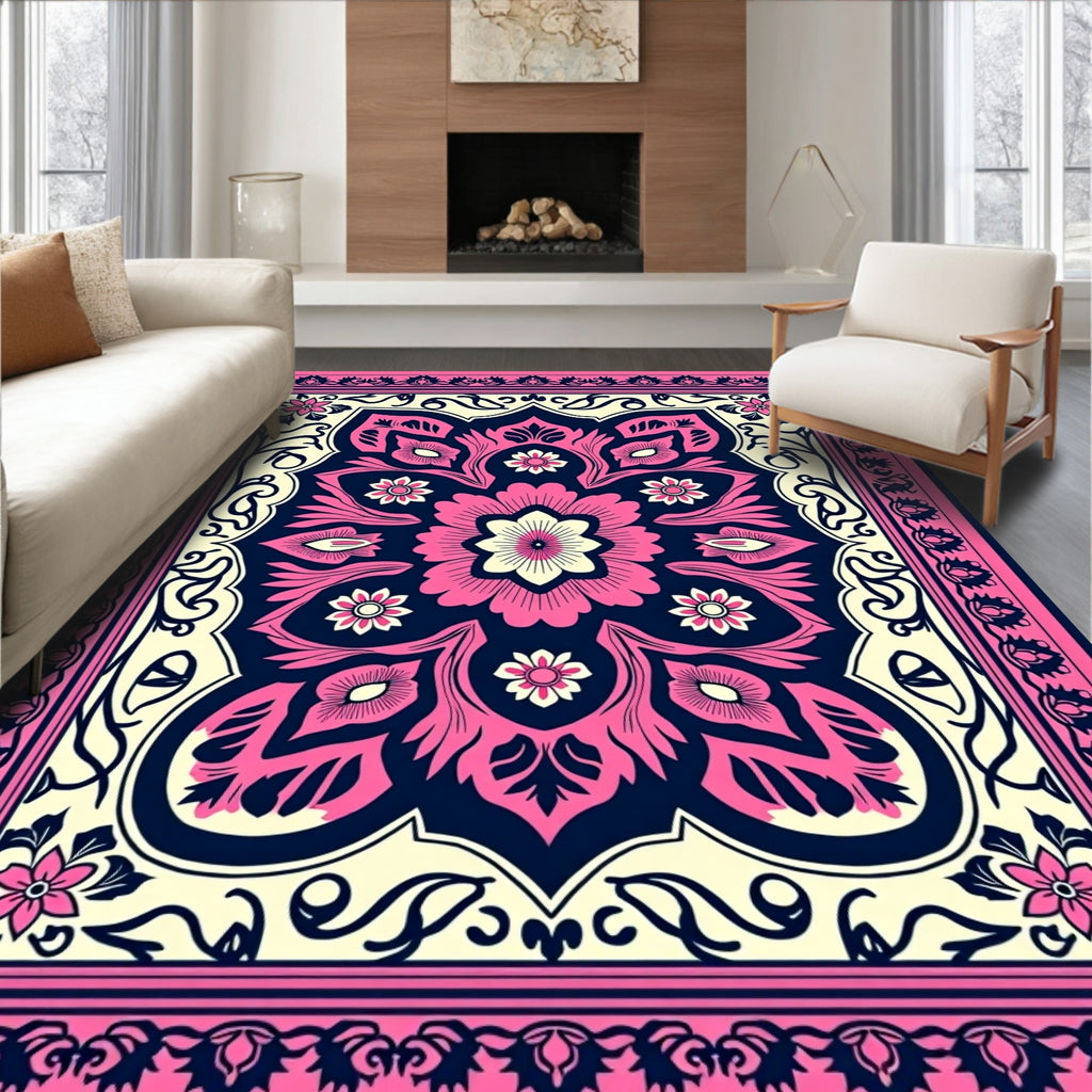 Vibrant Pink Floral Medallion Design Rug