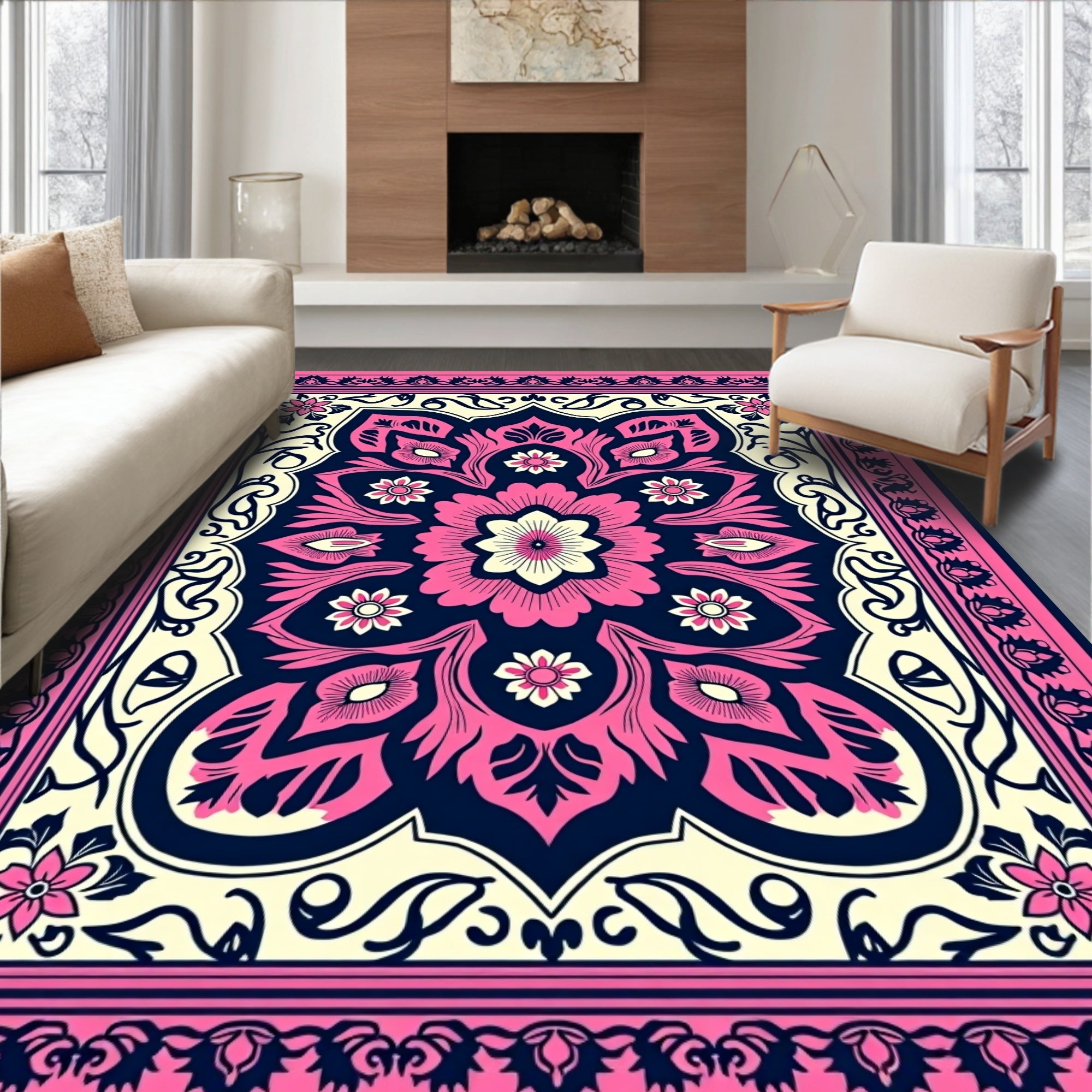 Vibrant Pink Floral Medallion Design Rug