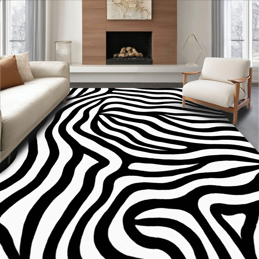 Bold Black White Wavy Pattern Rug