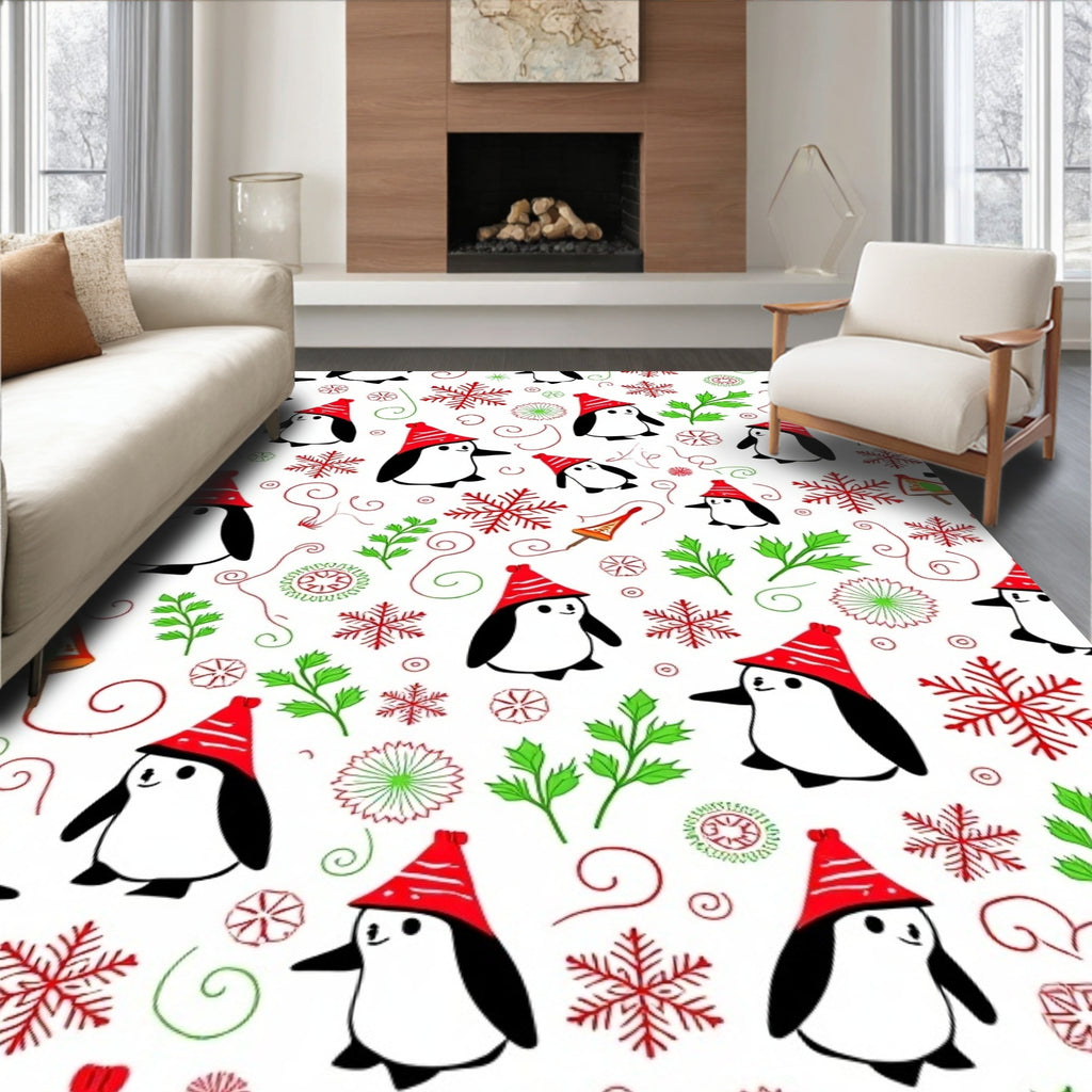Playful Penguin Red Hat Snowflakes Garland Rug